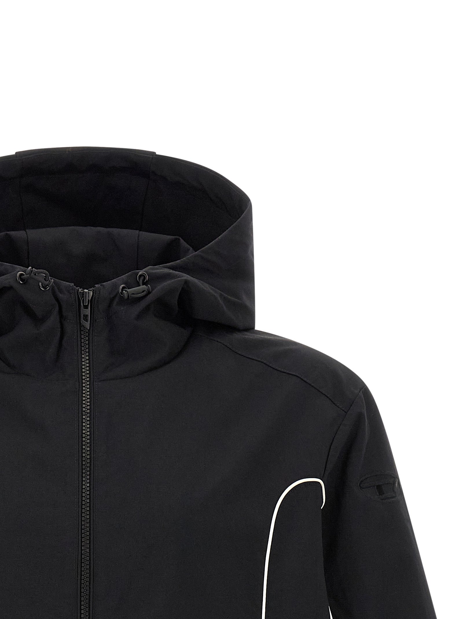 Hooded Windbreaker Jacket by Diesel for men in polyamide black showcases a modern silhouette, integrating pockets, hooded & windproof and a modern hooded neckline for a sophisticated finish.