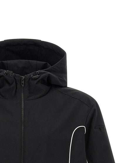 Hooded Windbreaker Jacket by Diesel for men in polyamide black showcases a modern silhouette, integrating pockets, hooded & windproof and a modern hooded neckline for a sophisticated finish.