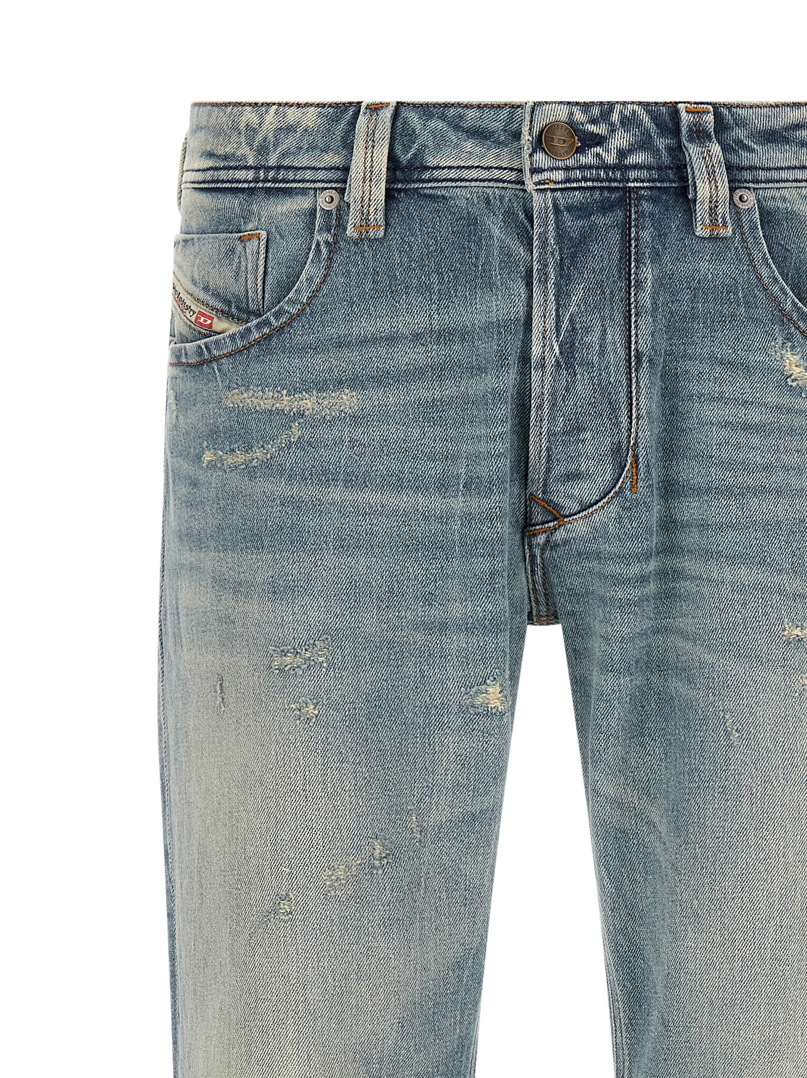 Jeans by Diesel for men in stretch denim cotton light-blue & signature presents a refined pantology silhouette, artfully defined by a refined pantology straight-leg, long, and a sophisticated low rise.
