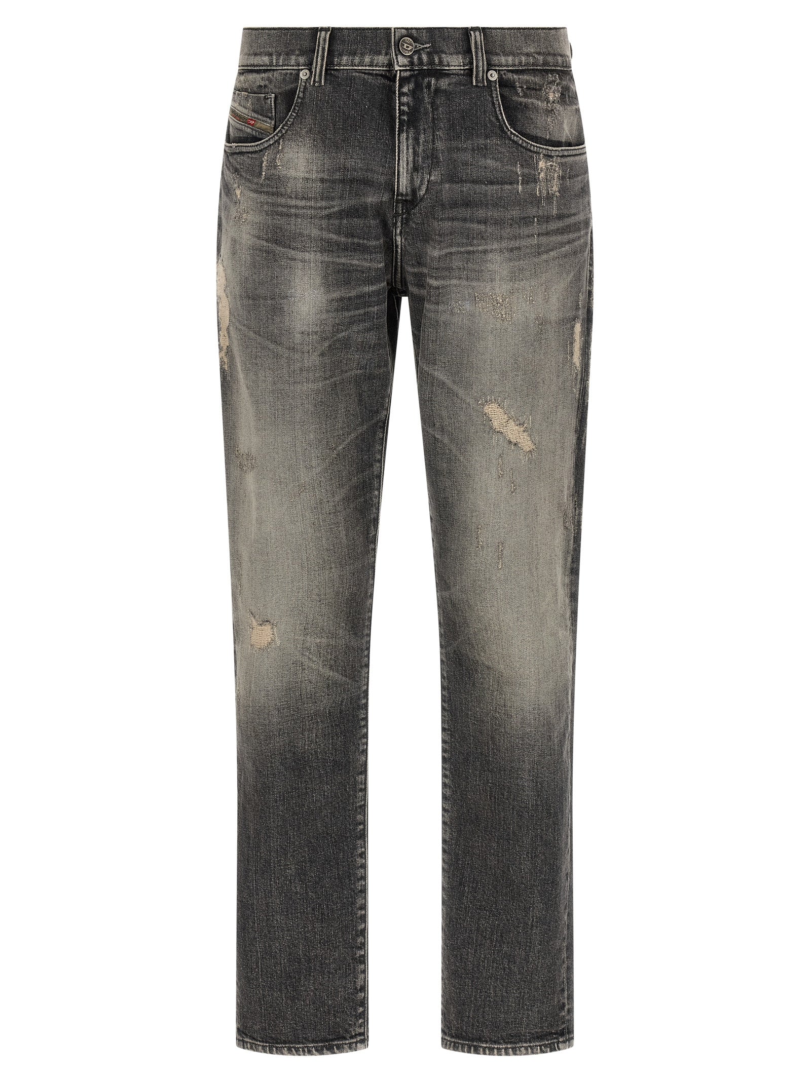 Jeans by Diesel for men in stretch denim cotton gray & red features an sartorial skinny and long with a mid rise cut for a sartorial finish.