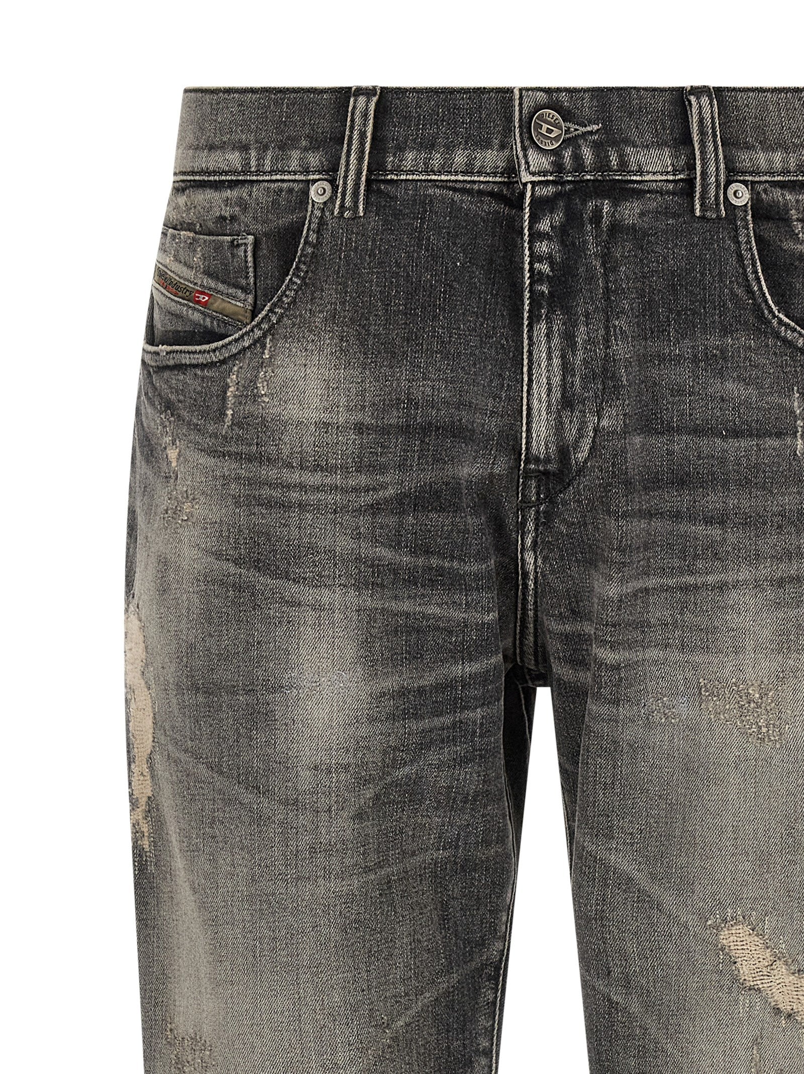 Jeans by Diesel for men in stretch denim cotton gray & red features an refined tailoring silhouette, showcasing a premium skinny with a mid rise and long cut for a refined tailoring look.