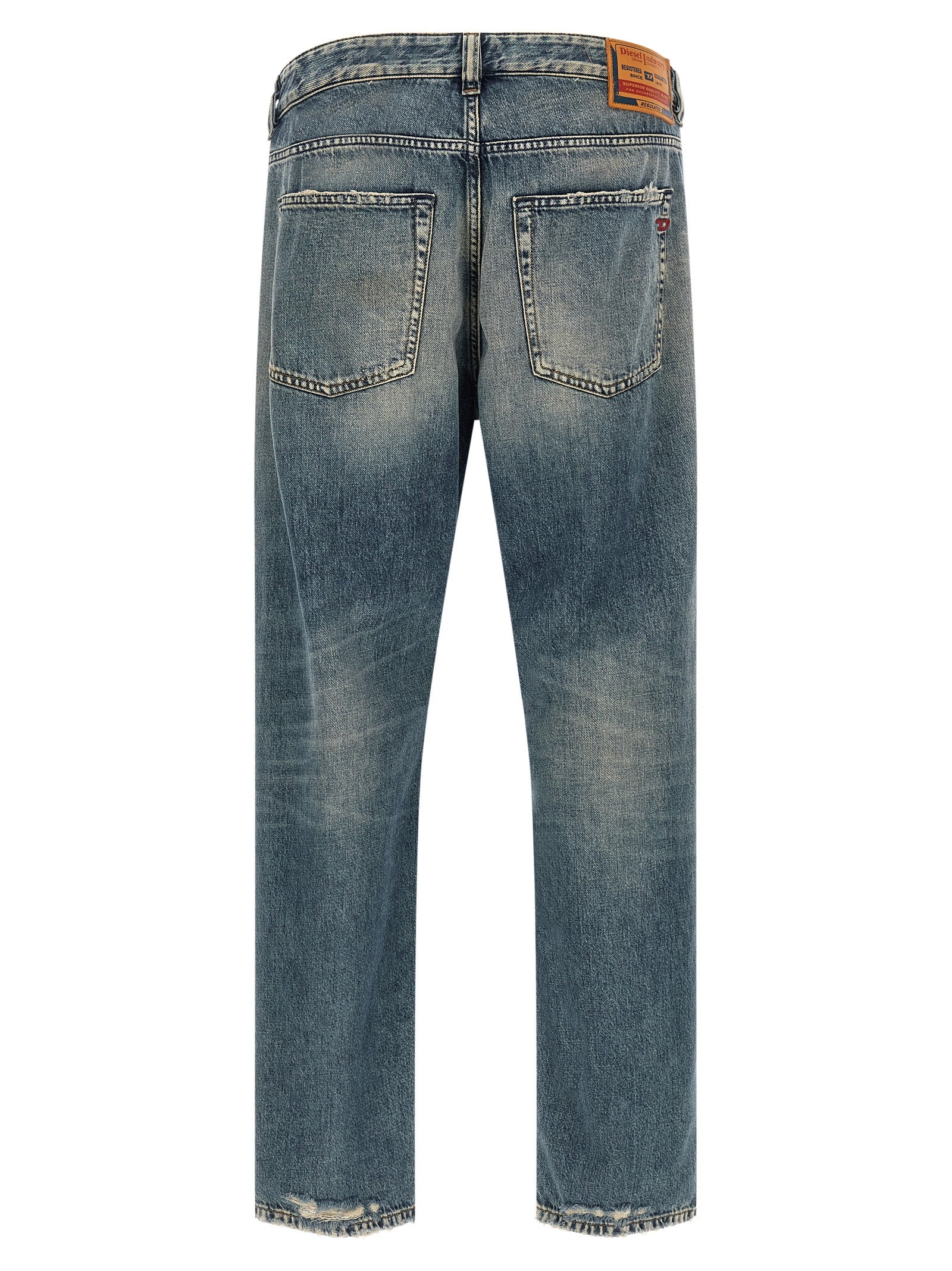 Jeans by Diesel for men in lyocell denim cotton blue & red presents a refined pantology silhouette, artfully defined by a refined pantology tapered-leg & regular-fit, long, and a sophisticated .