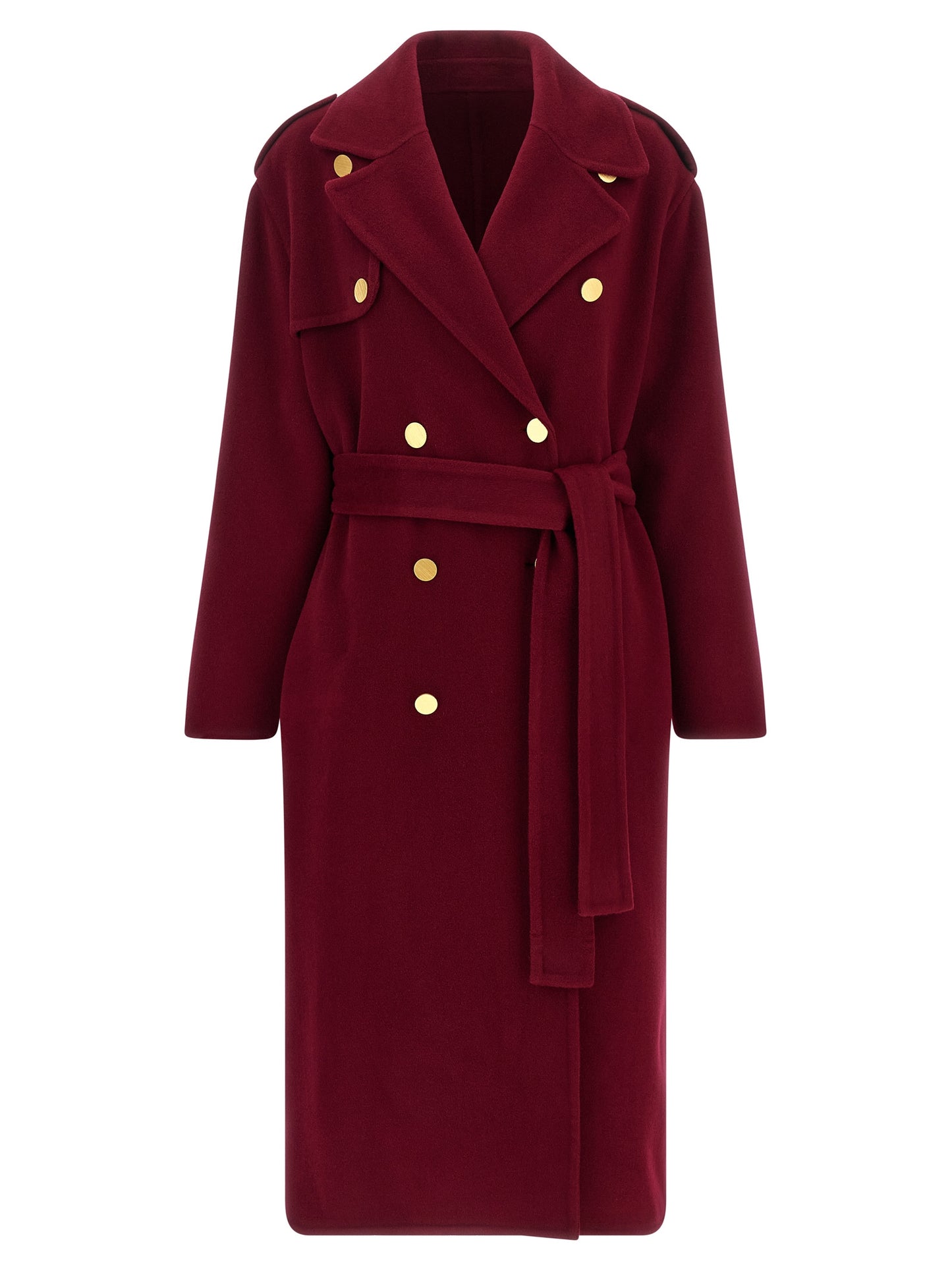 Trench Coat by Alberta Ferretti for women in cashmere gold, multicolor & red presents a distinguished silhouette, artfully detailed with and a distinguished for a sophisticated, distinguished finish.