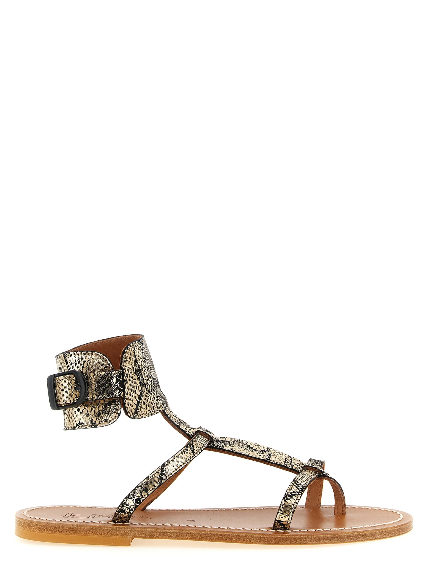 Flat Thong Sandals by K.JACQUES SAINT TROPEZ for women in goatskin python leather gray, gold, white & print features an statuesque Women's Goatskin Python Leather Flat Thong Sandals silhouette with a refined flat and elegant .