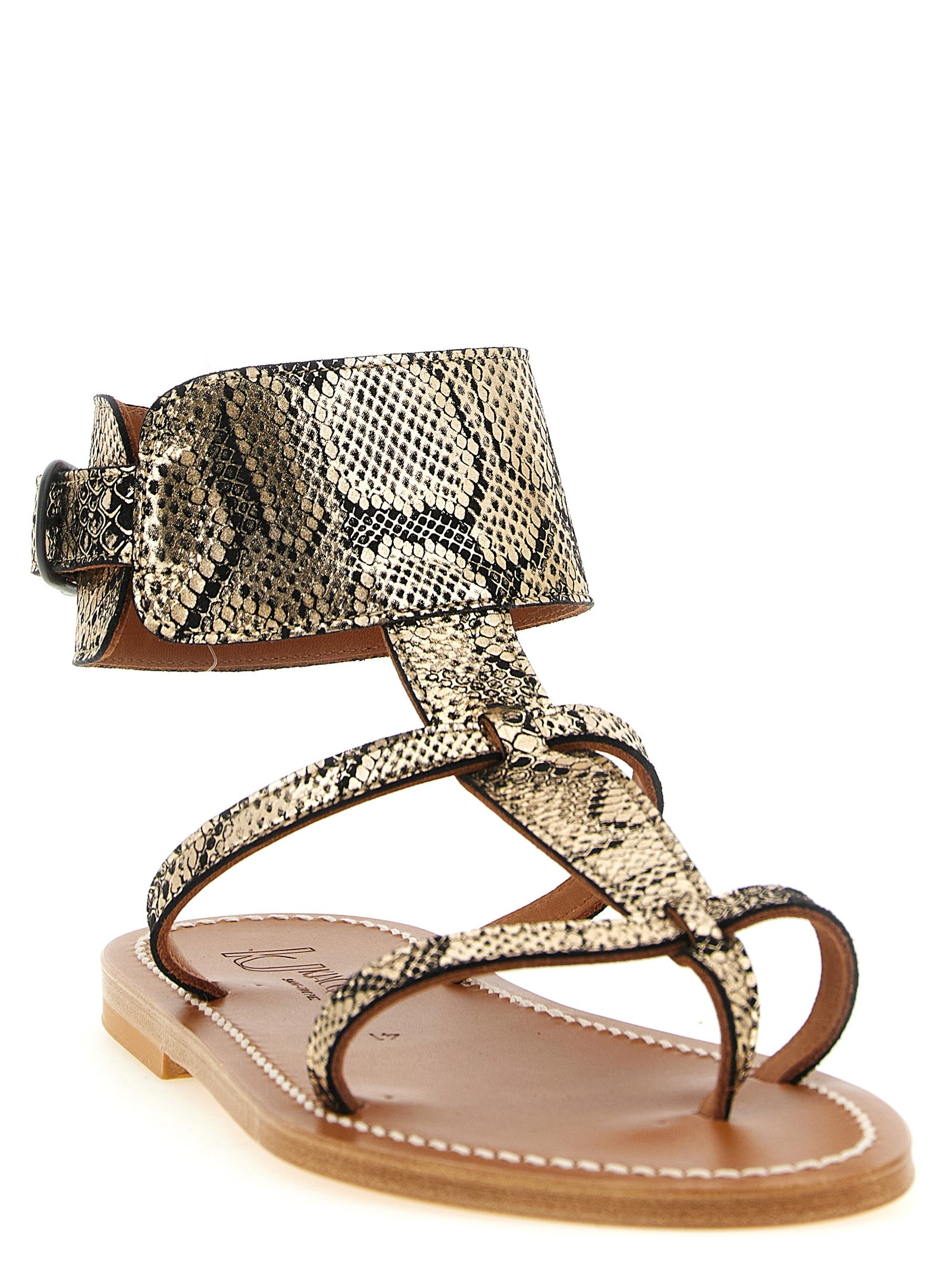Flat Thong Sandals by K.JACQUES SAINT TROPEZ for women in goatskin python leather and gray, gold, white & print presents a captivating silhouette, showcasing the signature style of the Women's Goatskin Python Leather Flat Thong Sandals with a captivating flat and captivating .