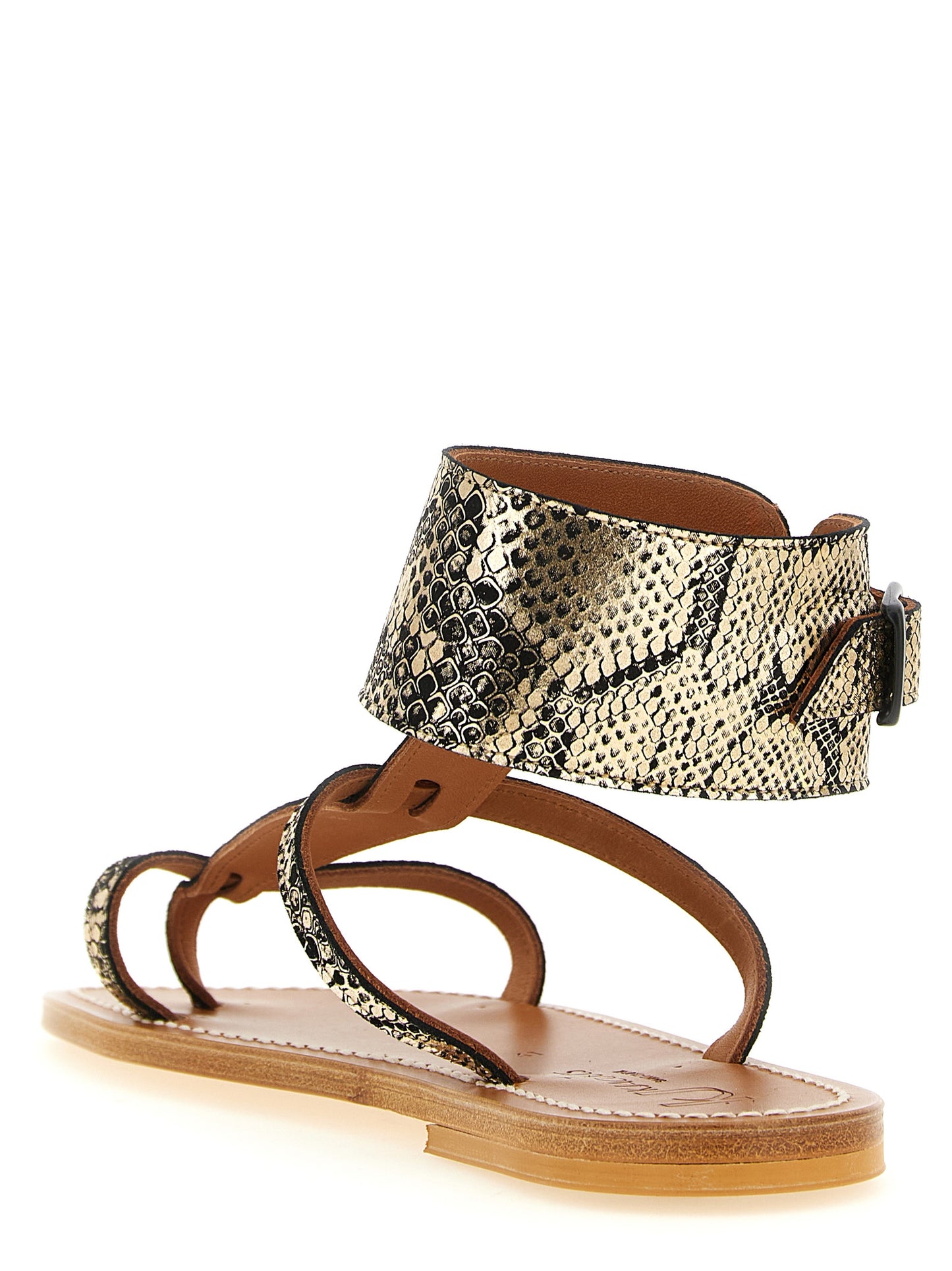Flat Thong Sandals by K.JACQUES SAINT TROPEZ for women in goatskin python leather gray, gold, white & print features an architectural design from the Women's Goatskin Python Leather Flat Thong Sandals collection, defined by a architectural flat and for a architectural finish.
