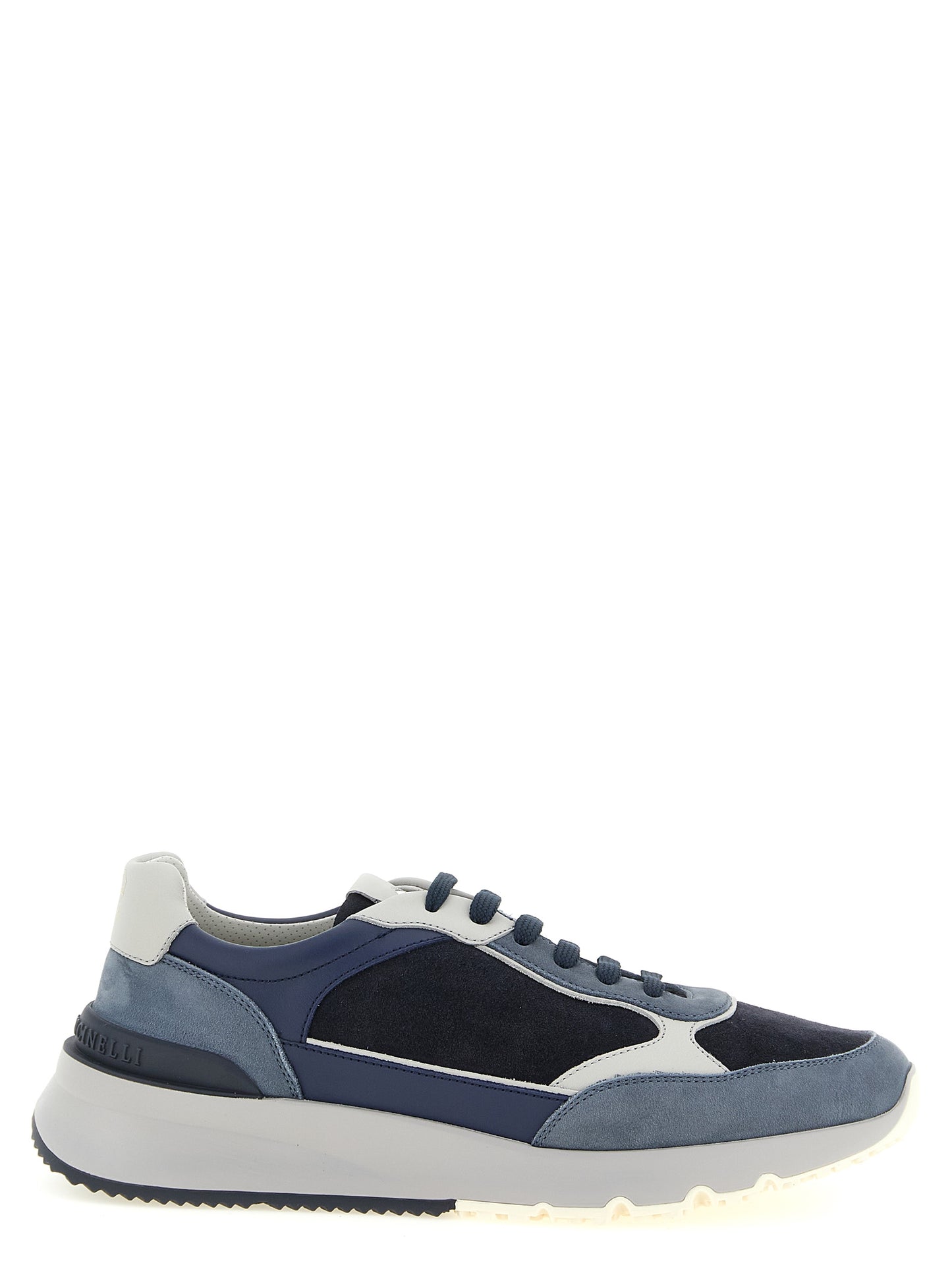 Athletic Sneakers by Brunello Cucinelli for men in suede calfskin leather light-blue, navy, white & signature presents a sleek silhouette, perfectly capturing the athletic style essence of Men's Athletic Suede Calfskin Leather Sneakers with its sleek design and premium finish.