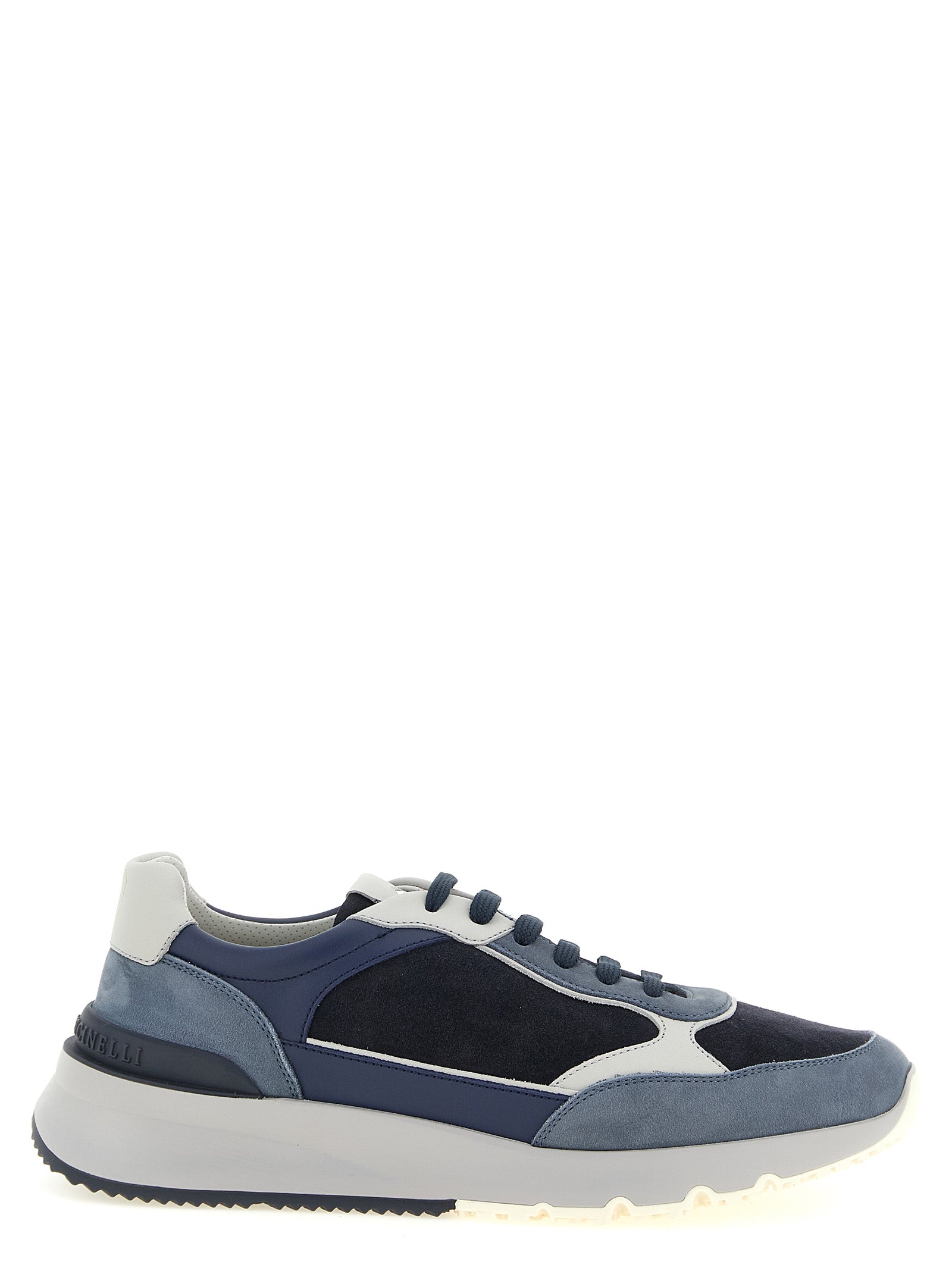 Athletic Sneakers by Brunello Cucinelli for men in suede calfskin leather light-blue, navy, white & signature presents a sleek silhouette, perfectly capturing the athletic style essence of Men's Athletic Suede Calfskin Leather Sneakers with its sleek design and premium finish.