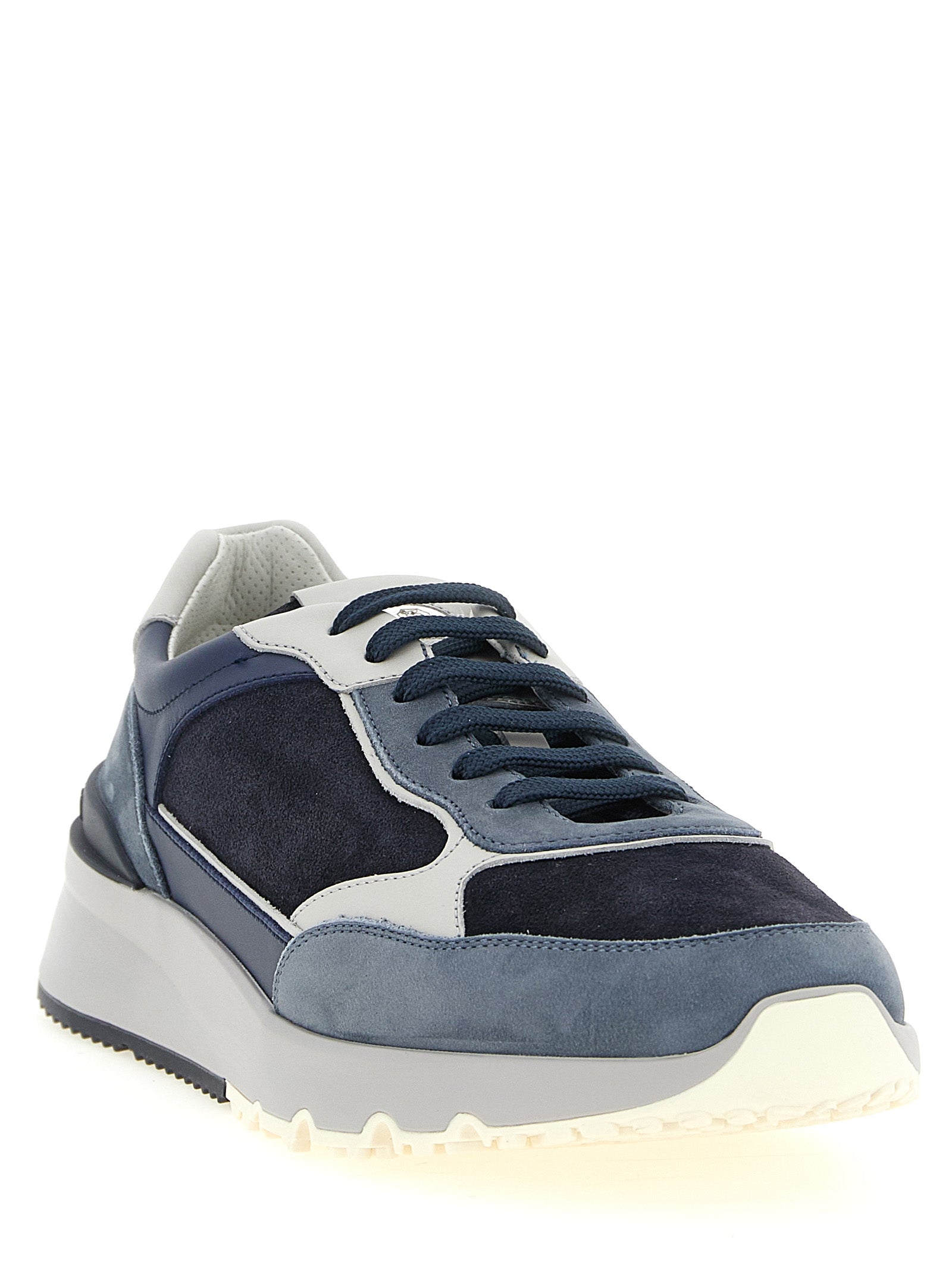 Athletic Sneakers by Brunello Cucinelli for men in suede calfskin leather light-blue, navy, white & signature showcases an impeccable silhouette, defined by an impeccable athletic style design that perfectly captures the essence of the Men's Athletic Suede Calfskin Leather Sneakers.