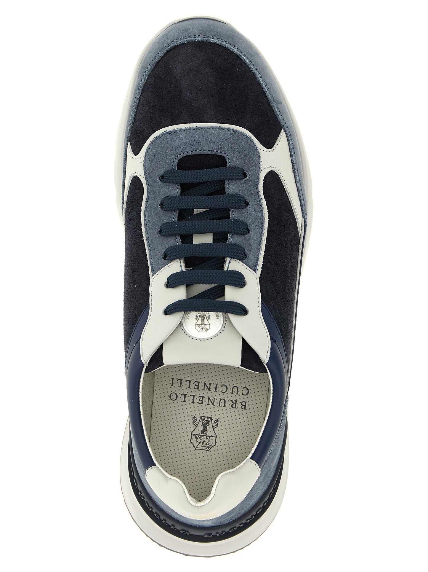 Athletic Sneakers by Brunello Cucinelli for men in suede calfskin leather light-blue, navy, white & signature features an timeless silhouette from the Men's Athletic Suede Calfskin Leather Sneakers collection, showcasing a timeless athletic style for a timeless look.