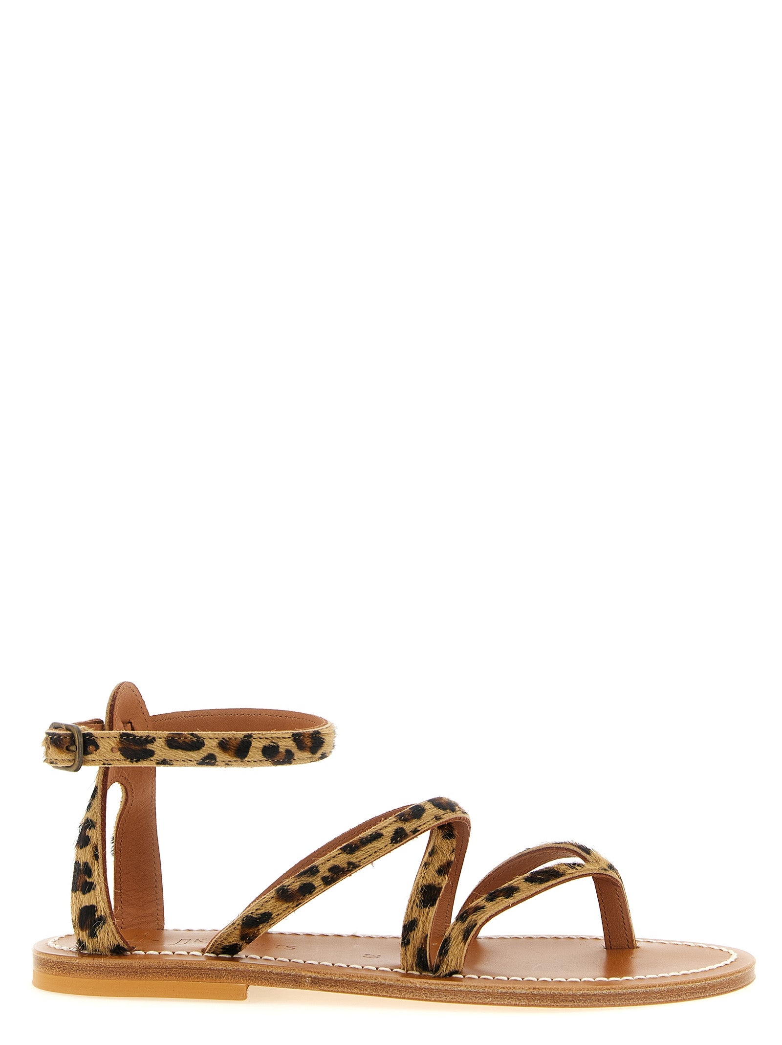 Flat Ankle Strap Sandals by K.JACQUES SAINT TROPEZ for women in bos taurus cowhide leather & fur brown, natural, leopard-print & print features an statuesque Women's Bos Taurus Cowhide Leather & Fur Flat Ankle Strap Sandals silhouette with a refined flat and elegant .