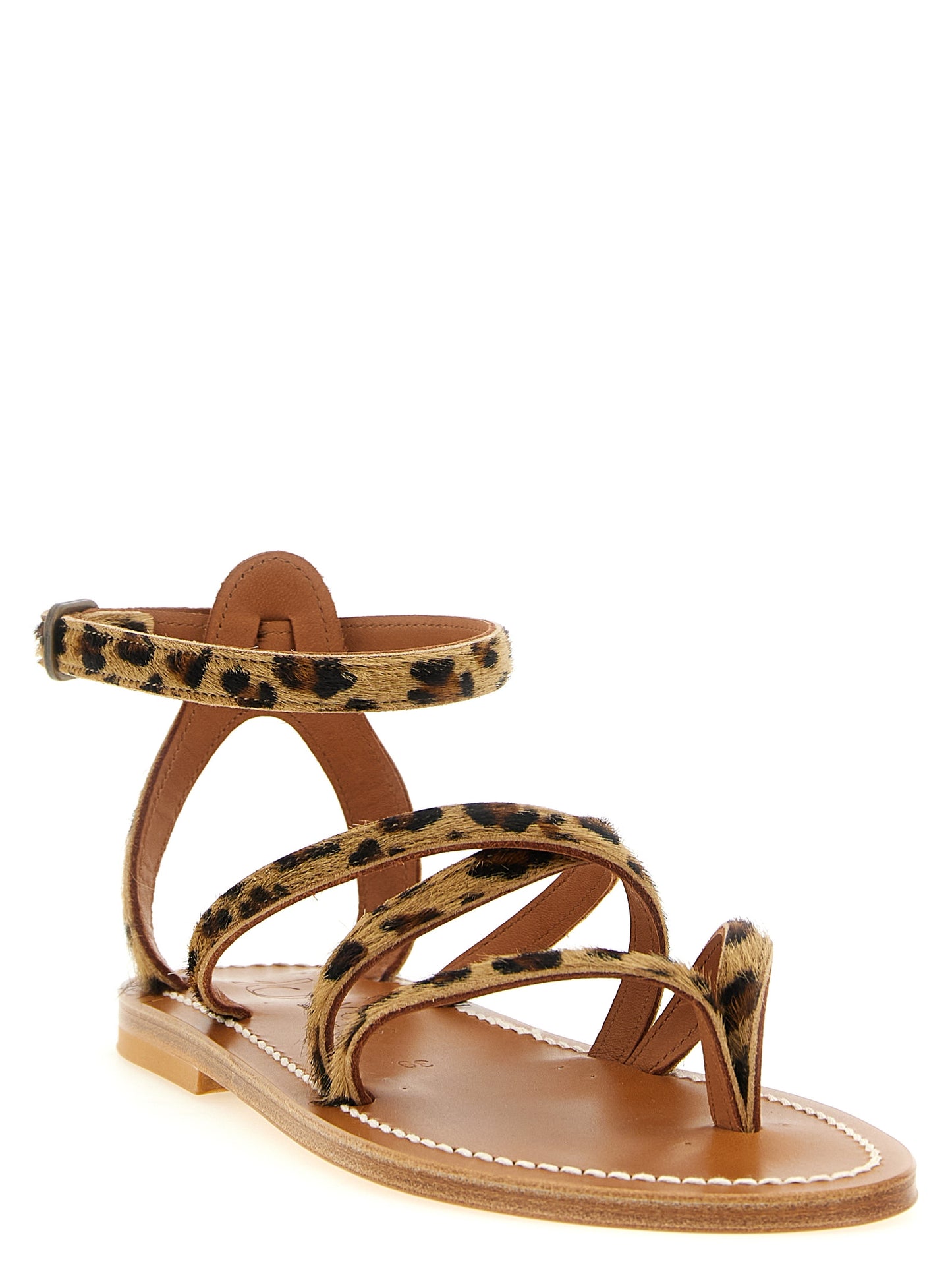 Flat Ankle Strap Sandals by K.JACQUES SAINT TROPEZ for women in bos taurus cowhide leather & fur brown, natural, leopard-print & print showcases a sculptural silhouette as Women's Bos Taurus Cowhide Leather & Fur Flat Ankle Strap Sandals, defined by a sculptural flat and sculptural for a sculptural look.