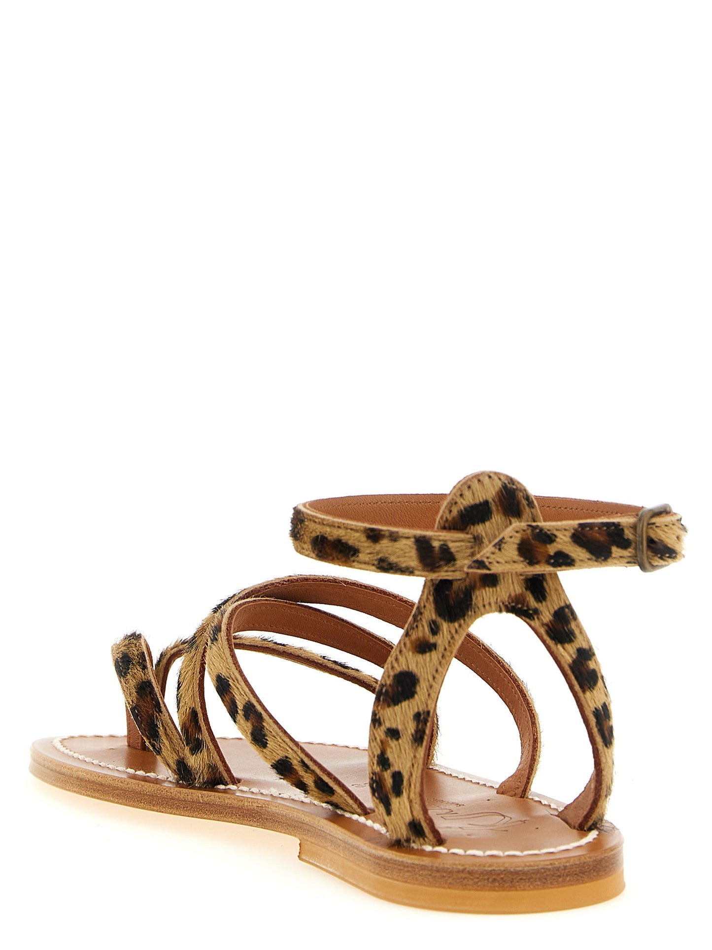Flat Ankle Strap Sandals by K.JACQUES SAINT TROPEZ for women in bos taurus cowhide leather & fur brown, natural, leopard-print & print features an exquisite silhouette, showcasing the exquisite Women's Bos Taurus Cowhide Leather & Fur Flat Ankle Strap Sandals with a flat and .