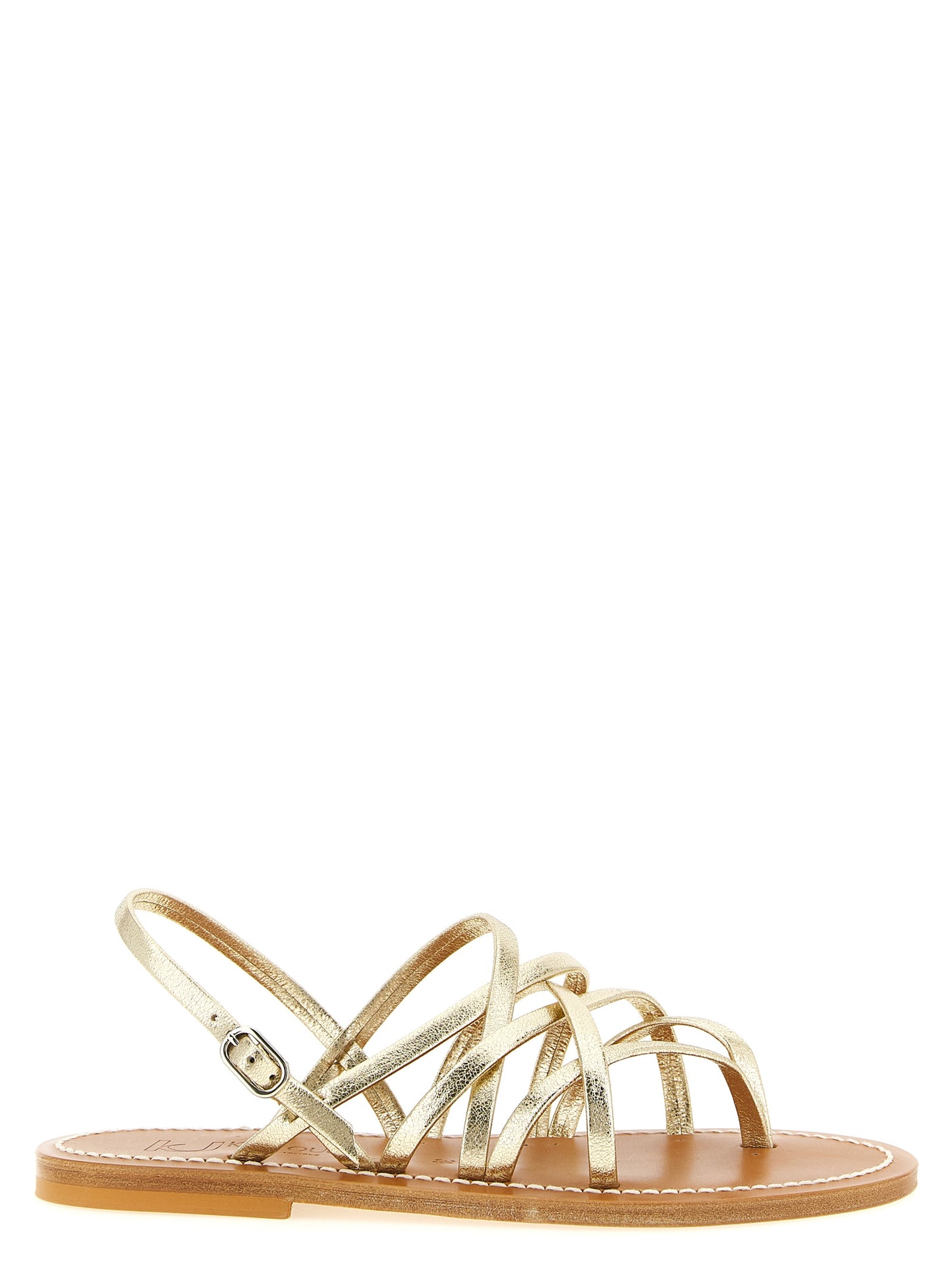 Flat Toe-Ring Sandals by K.JACQUES SAINT TROPEZ for women in calfskin leather and gold & natural presents a captivating silhouette, showcasing the signature style of the Women's Calfskin Leather Flat Toe-Ring Sandals with a captivating flat and captivating .