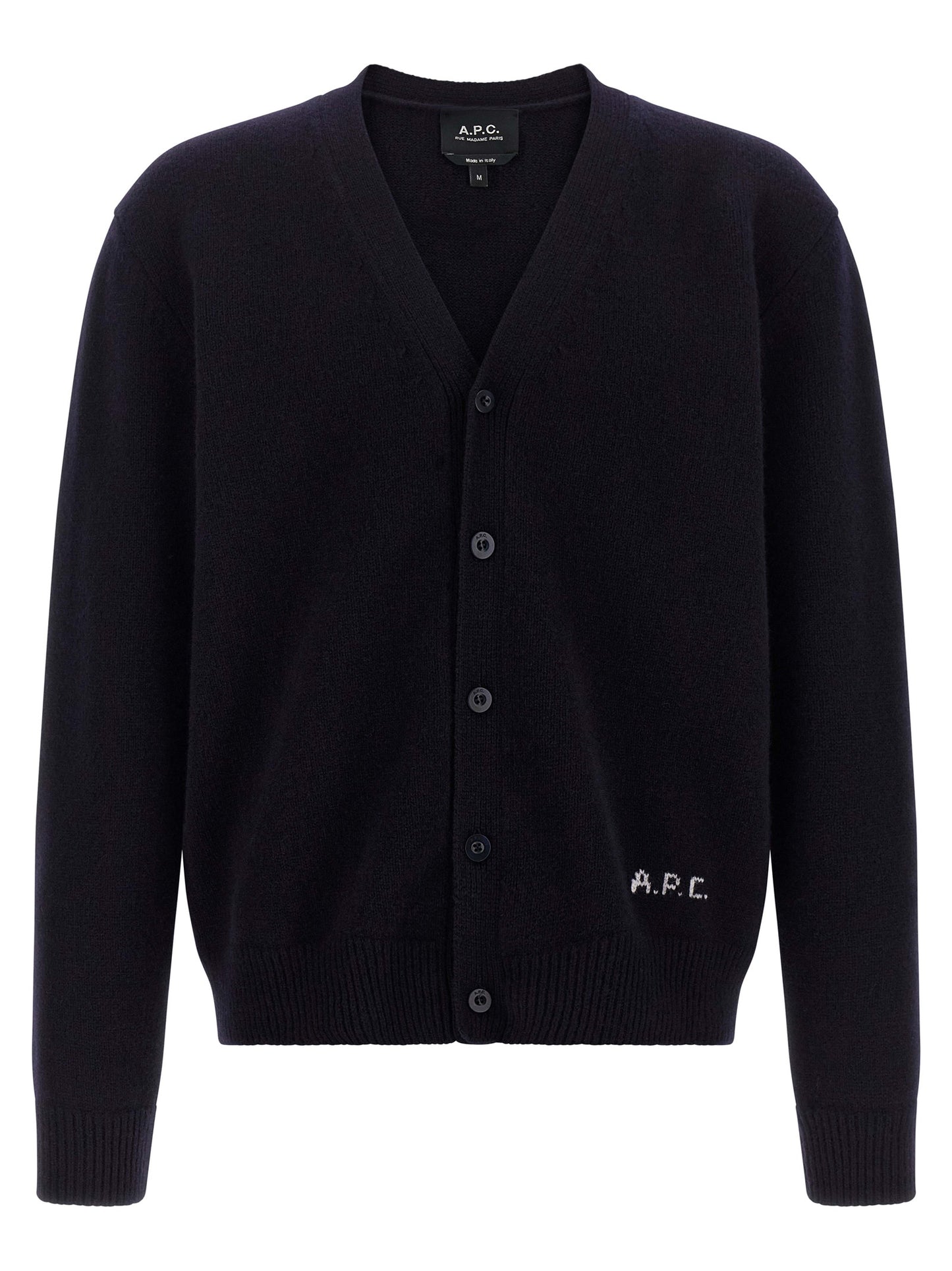 Cardigan by A.P.C. for men in wool blue features a dramatic silhouette, showcasing a sophisticated v-neck neckline and dramatic detail for a timeless, premium look.
