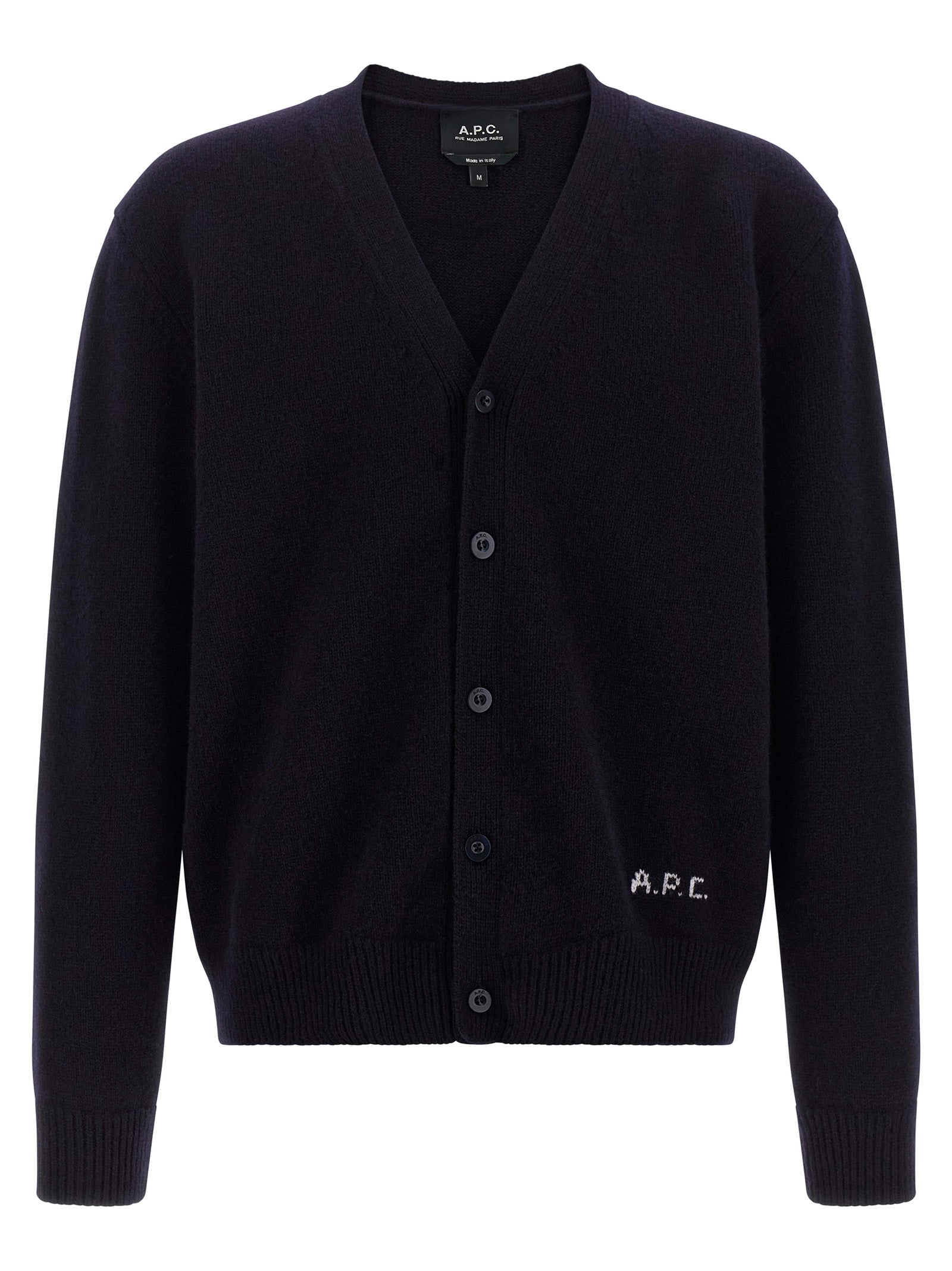 Cardigan by A.P.C. for men in wool blue features a dramatic silhouette, showcasing a sophisticated v-neck neckline and dramatic detail for a timeless, premium look.