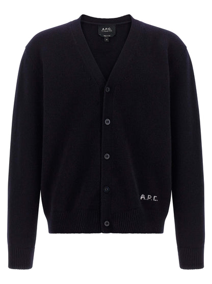 Cardigan by A.P.C. for men in wool blue features a dramatic silhouette, showcasing a sophisticated v-neck neckline and dramatic detail for a timeless, premium look.