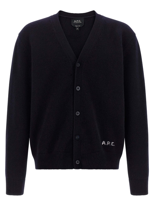 Cardigan by A.P.C. for men in wool blue features a dramatic silhouette, showcasing a sophisticated v-neck neckline and dramatic detail for a timeless, premium look.