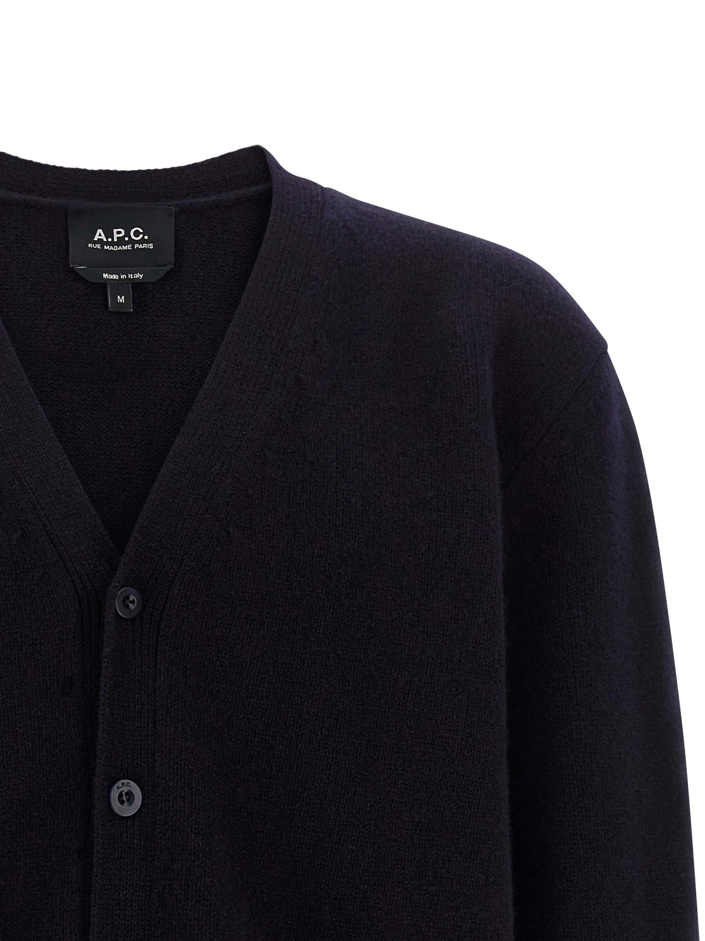 Cardigan by A.P.C. for men in wool blue features an impeccable silhouette, showcasing a sophisticated v-neck neckline and detail for a truly impeccable finish.