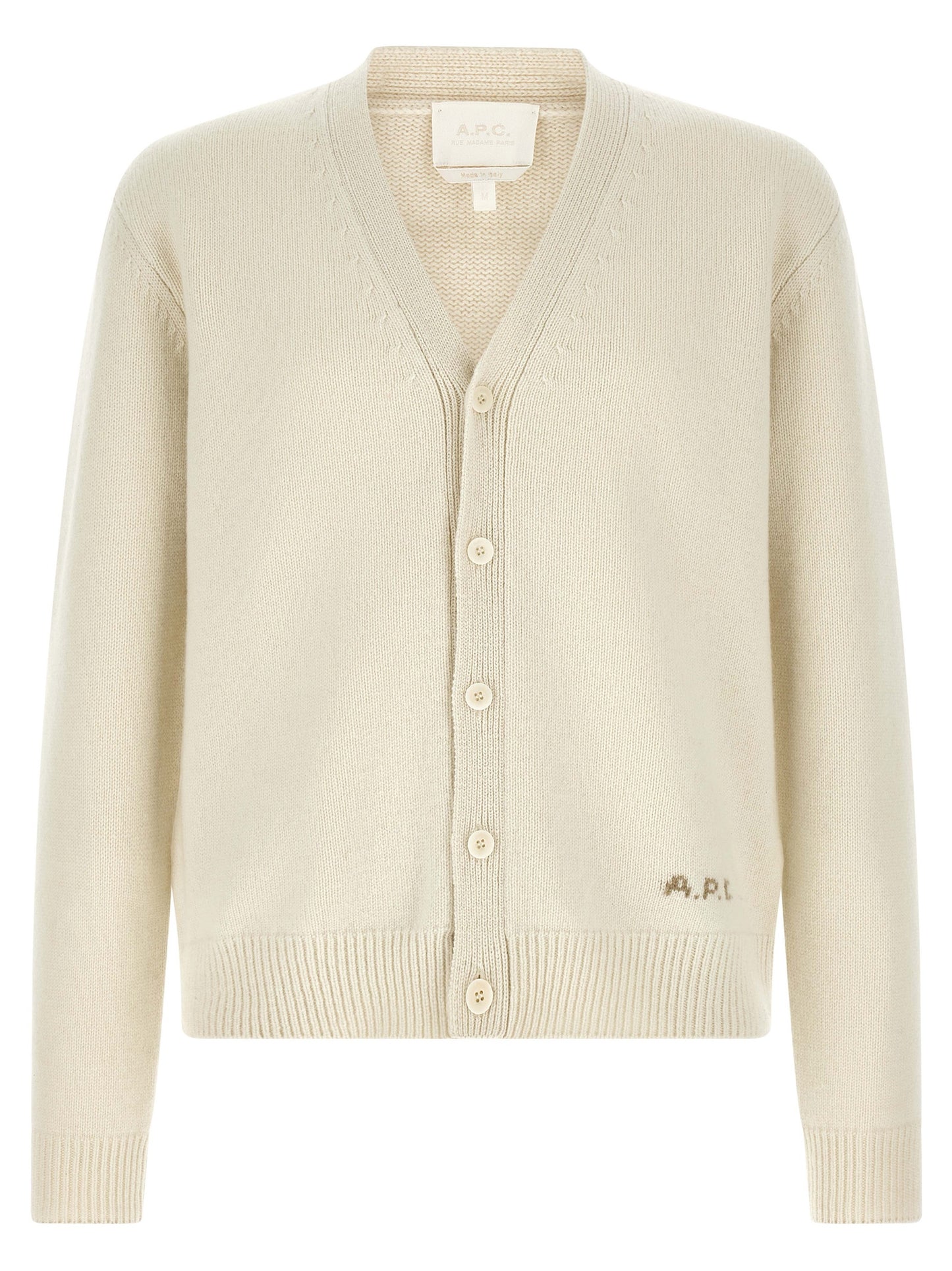 Cardigan by A.P.C. for men in wool white & patterned showcases a captivating silhouette, artfully detailed with a captivating and v-neck neckline for a truly sophisticated captivating look.