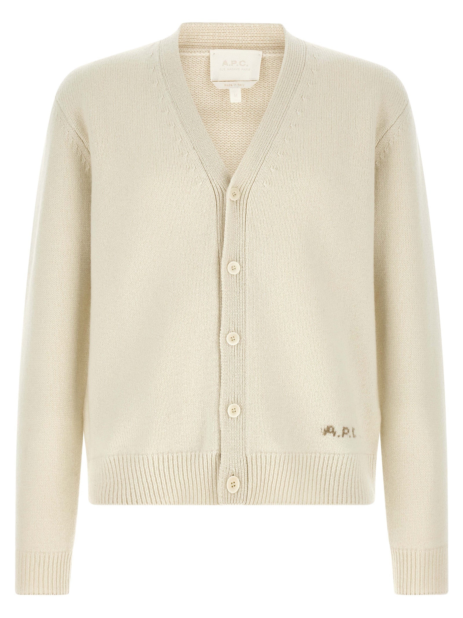Cardigan by A.P.C. for men in wool white & patterned showcases a captivating silhouette, artfully detailed with a captivating and v-neck neckline for a truly sophisticated captivating look.