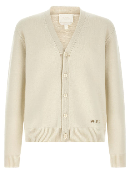 Cardigan by A.P.C. for men in wool white & patterned showcases a captivating silhouette, artfully detailed with a captivating and v-neck neckline for a truly sophisticated captivating look.