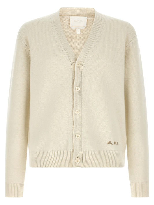 Cardigan by A.P.C. for men in wool white & patterned showcases a captivating silhouette, artfully detailed with a captivating and v-neck neckline for a truly sophisticated captivating look.