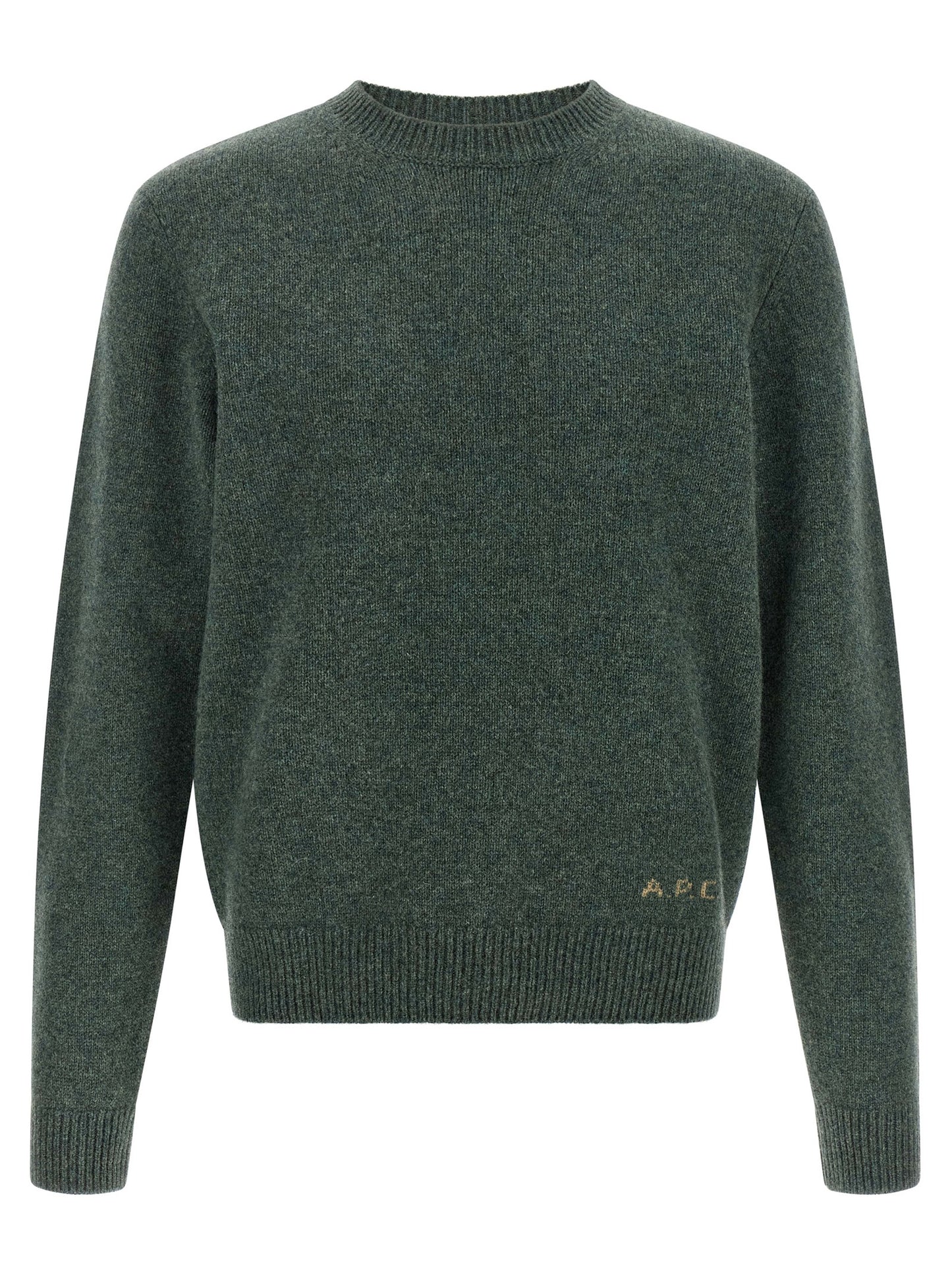 Cardigan by A.P.C. for men in wool bicolour, green & jacquard features a dramatic silhouette, showcasing a sophisticated and dramatic detail for a timeless, premium look.