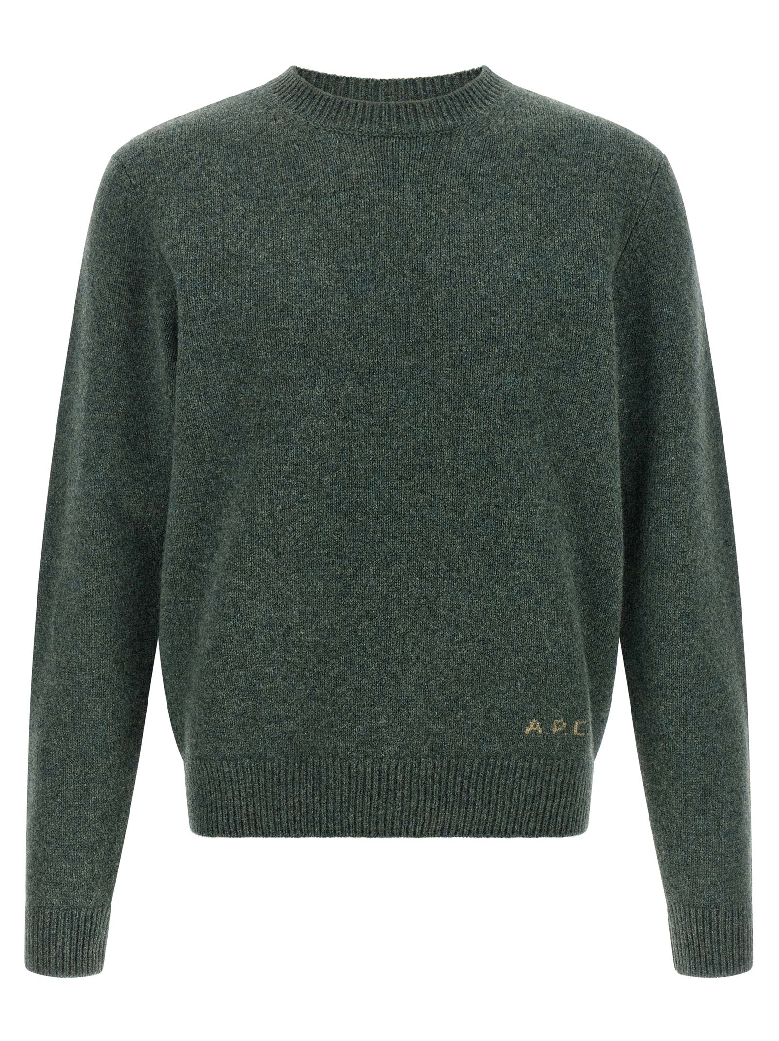 Cardigan by A.P.C. for men in wool bicolour, green & jacquard features a dramatic silhouette, showcasing a sophisticated and dramatic detail for a timeless, premium look.