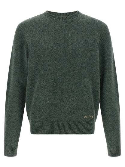 Cardigan by A.P.C. for men in wool bicolour, green & jacquard features a dramatic silhouette, showcasing a sophisticated and dramatic detail for a timeless, premium look.