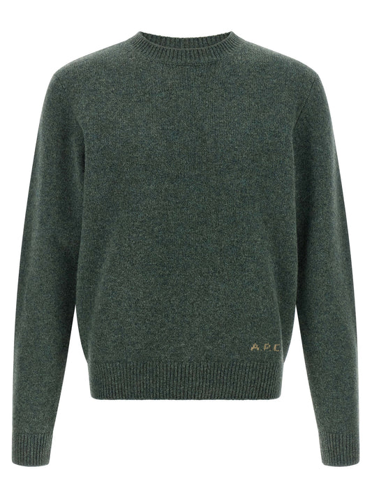 Cardigan by A.P.C. for men in wool bicolour, green & jacquard features a dramatic silhouette, showcasing a sophisticated and dramatic detail for a timeless, premium look.