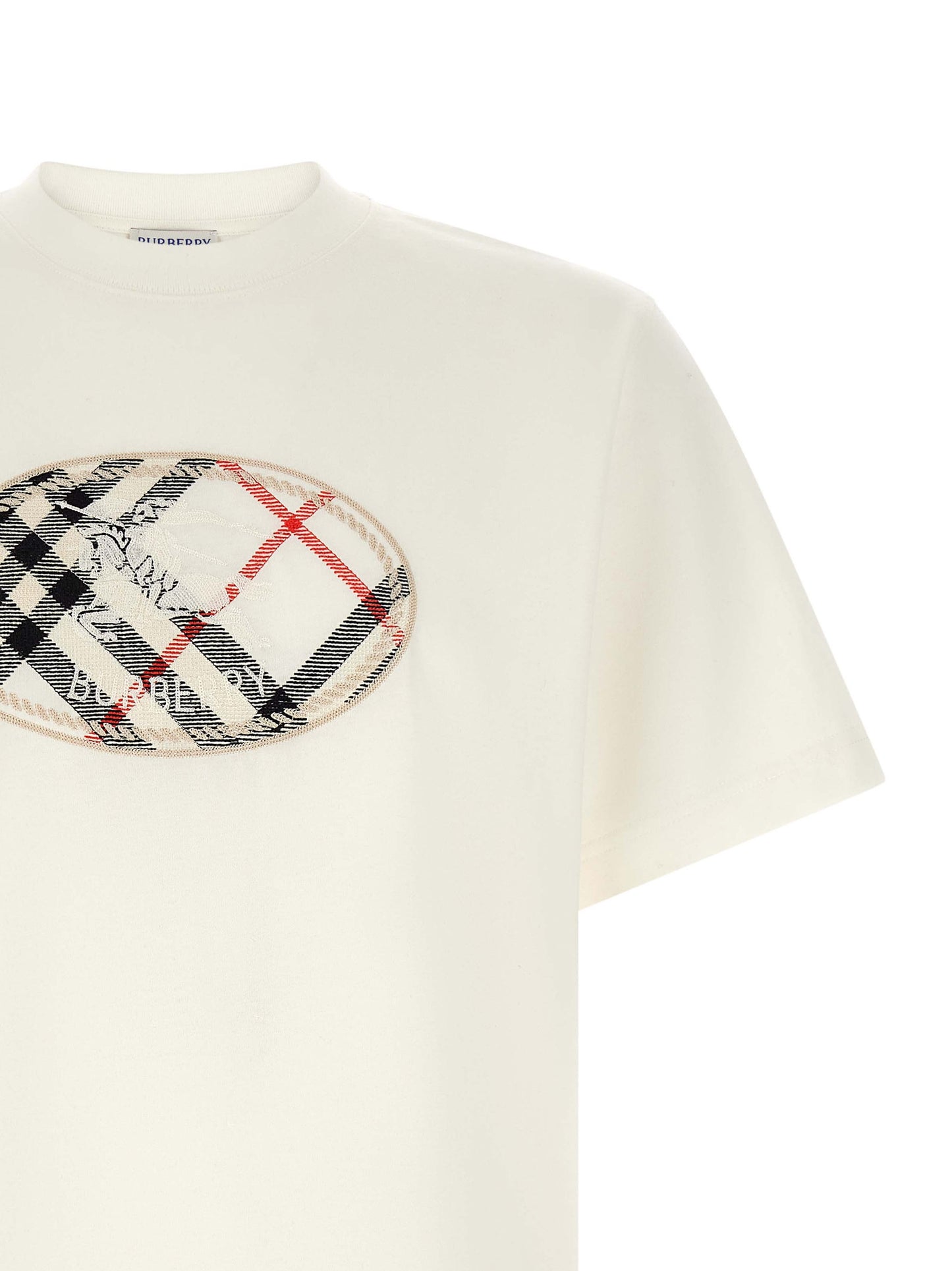 T-Shirt by Burberry for men in cotton white & patterned showcases a unassuming silhouette, artfully detailed with a refined crew neckline and unassuming for a sophisticated, contemporary look.