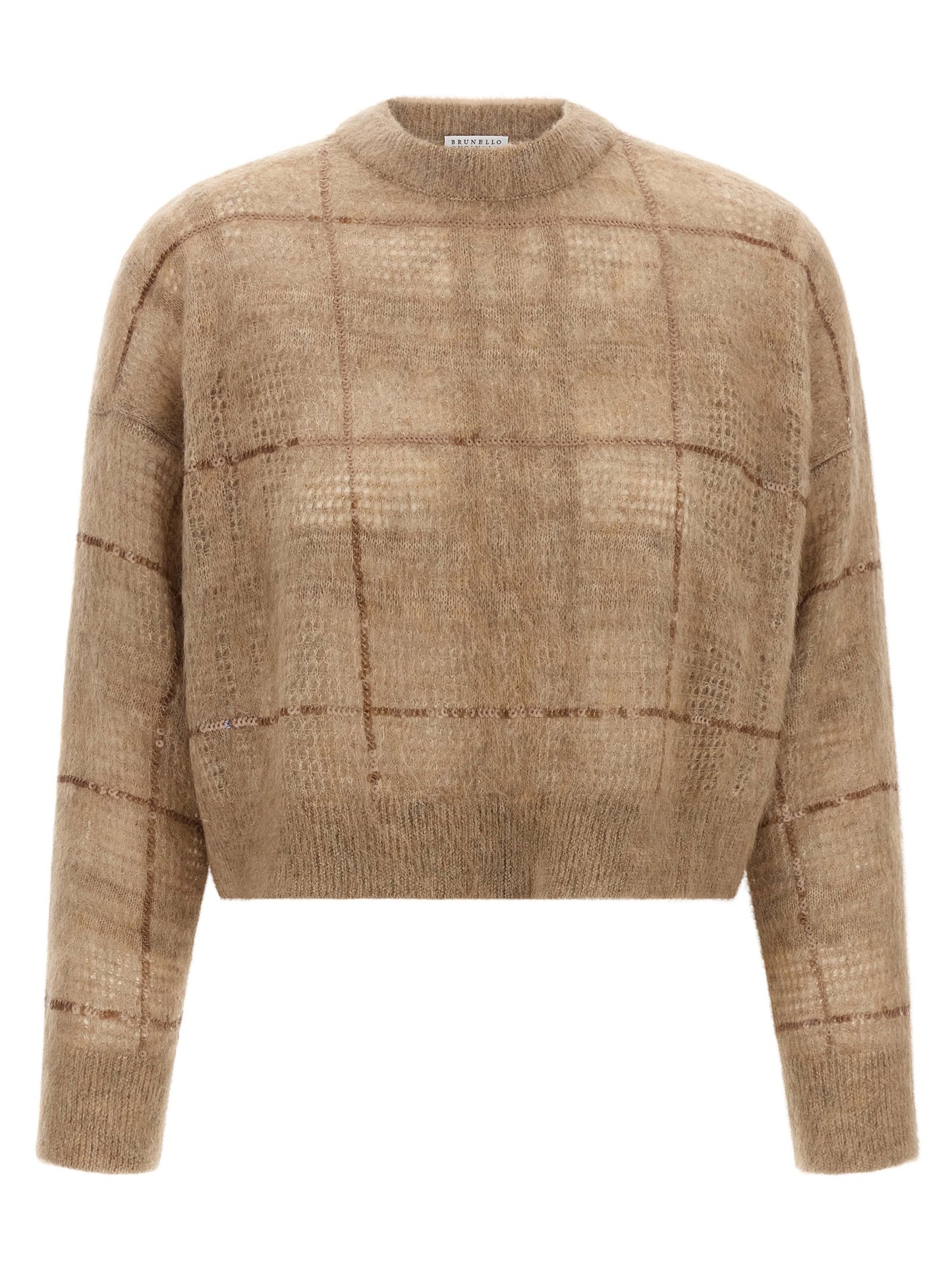Cardigan by Brunello Cucinelli for women in mohair wool & sequins beige & patterned presents a textural silhouette, artfully finished with a textural crew square neckline and for a sophisticated, textural look.