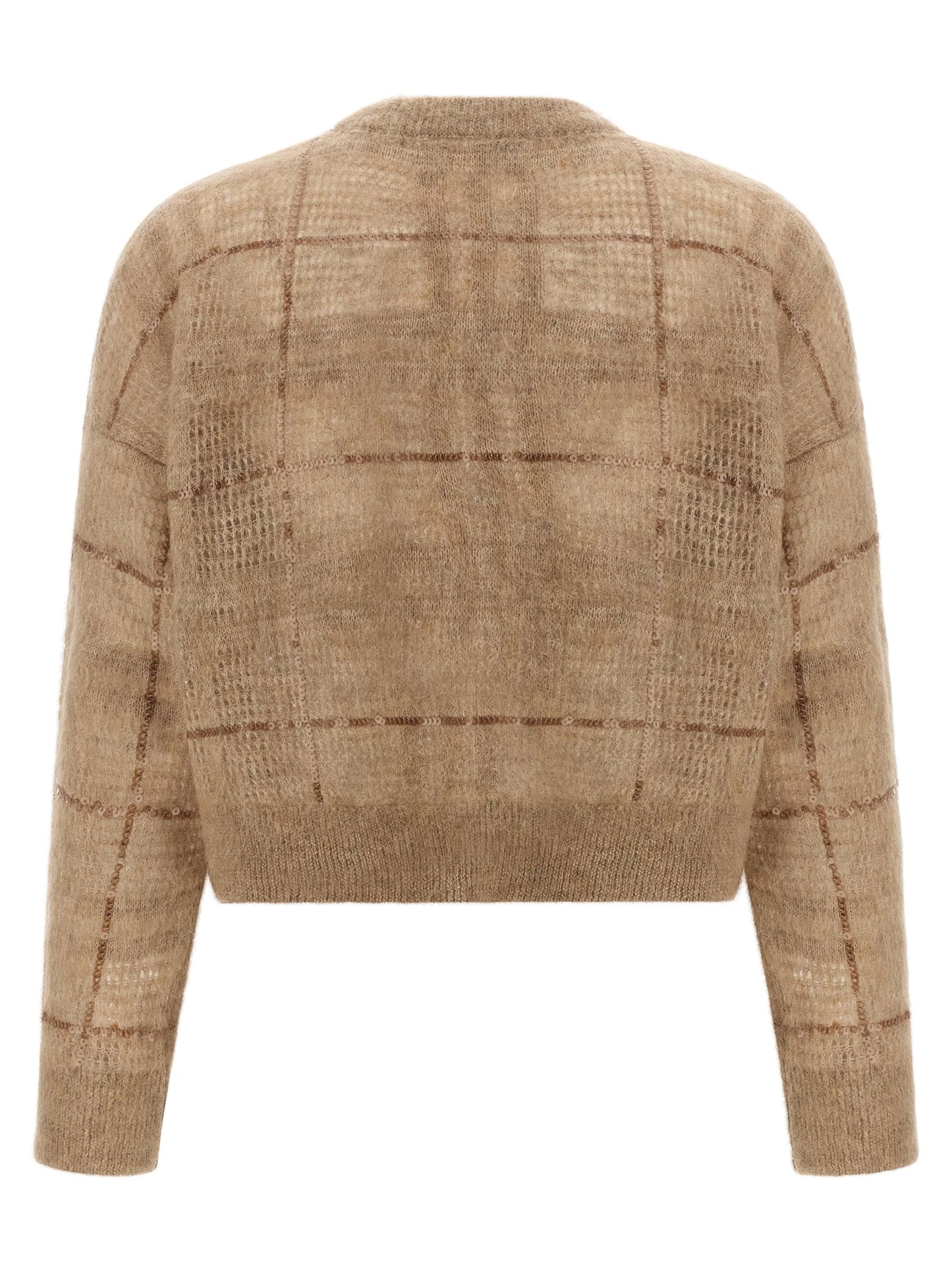 Cardigan by Brunello Cucinelli for women in mohair wool & sequins beige & patterned features an impeccable silhouette, showcasing a sophisticated crew square neckline and detail for a truly impeccable finish.