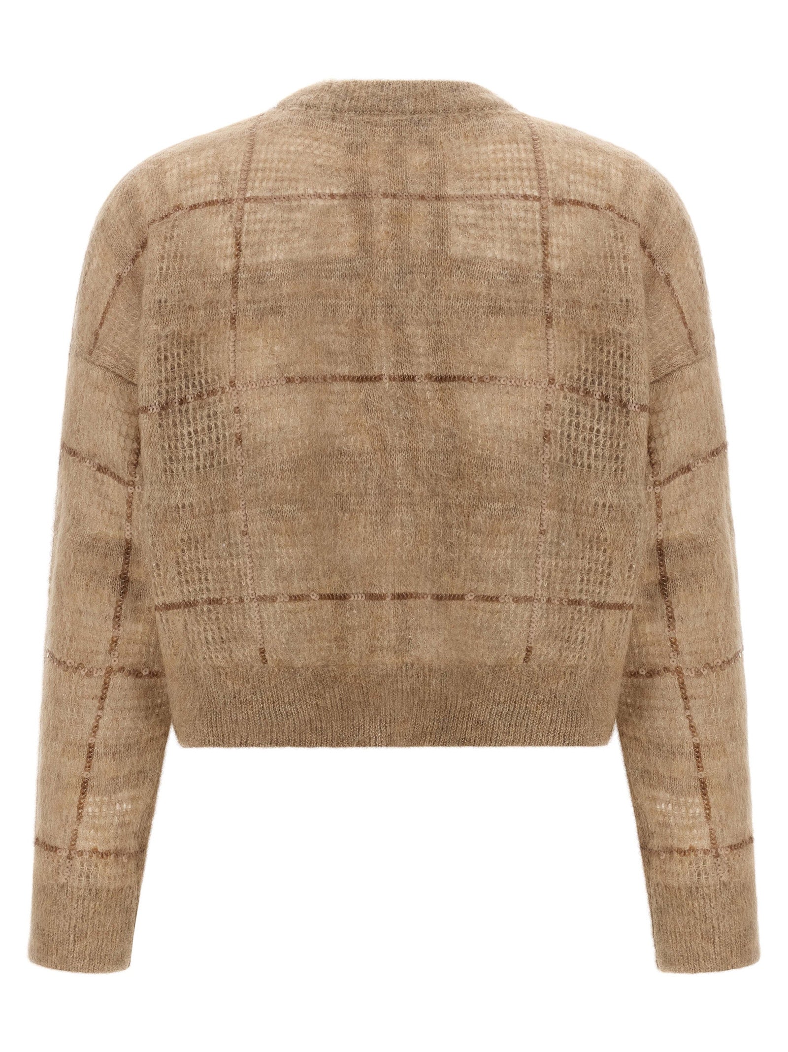 Cardigan by Brunello Cucinelli for women in mohair wool & sequins beige & patterned features an impeccable silhouette, showcasing a sophisticated crew square neckline and detail for a truly impeccable finish.