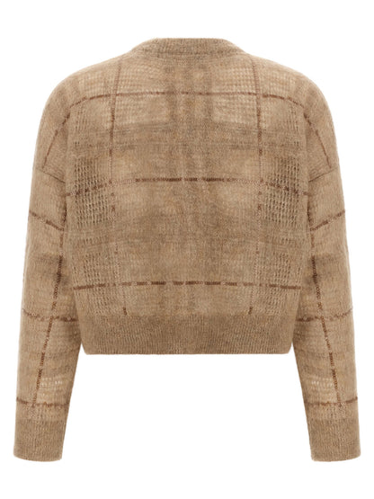 Cardigan by Brunello Cucinelli for women in mohair wool & sequins beige & patterned features an impeccable silhouette, showcasing a sophisticated crew square neckline and detail for a truly impeccable finish.
