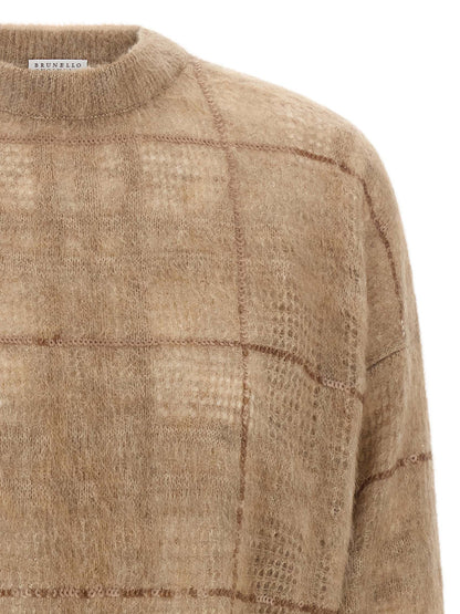 Cardigan by Brunello Cucinelli for women in mohair wool & sequins beige & patterned features an crisp silhouette, showcasing a sophisticated crew square neckline and detail for a truly crisp finish.