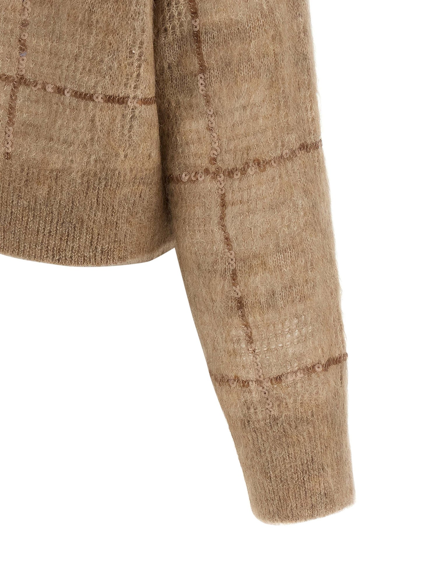 Cardigan by Brunello Cucinelli for women in mohair wool & sequins beige & patterned showcases a captivating silhouette, artfully detailed with a captivating and for a truly sophisticated captivating look.