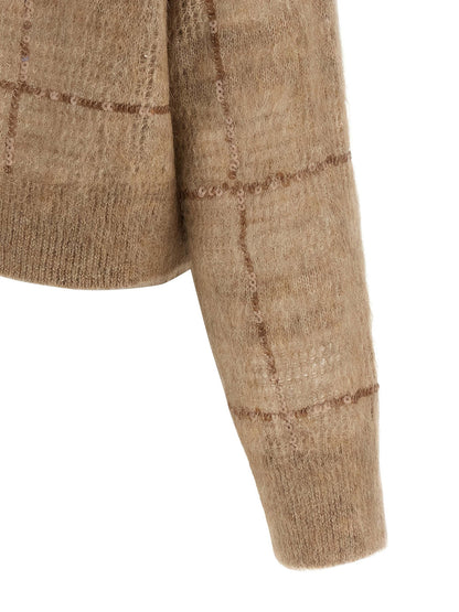 Cardigan by Brunello Cucinelli for women in mohair wool & sequins beige & patterned showcases a captivating silhouette, artfully detailed with a captivating and for a truly sophisticated captivating look.