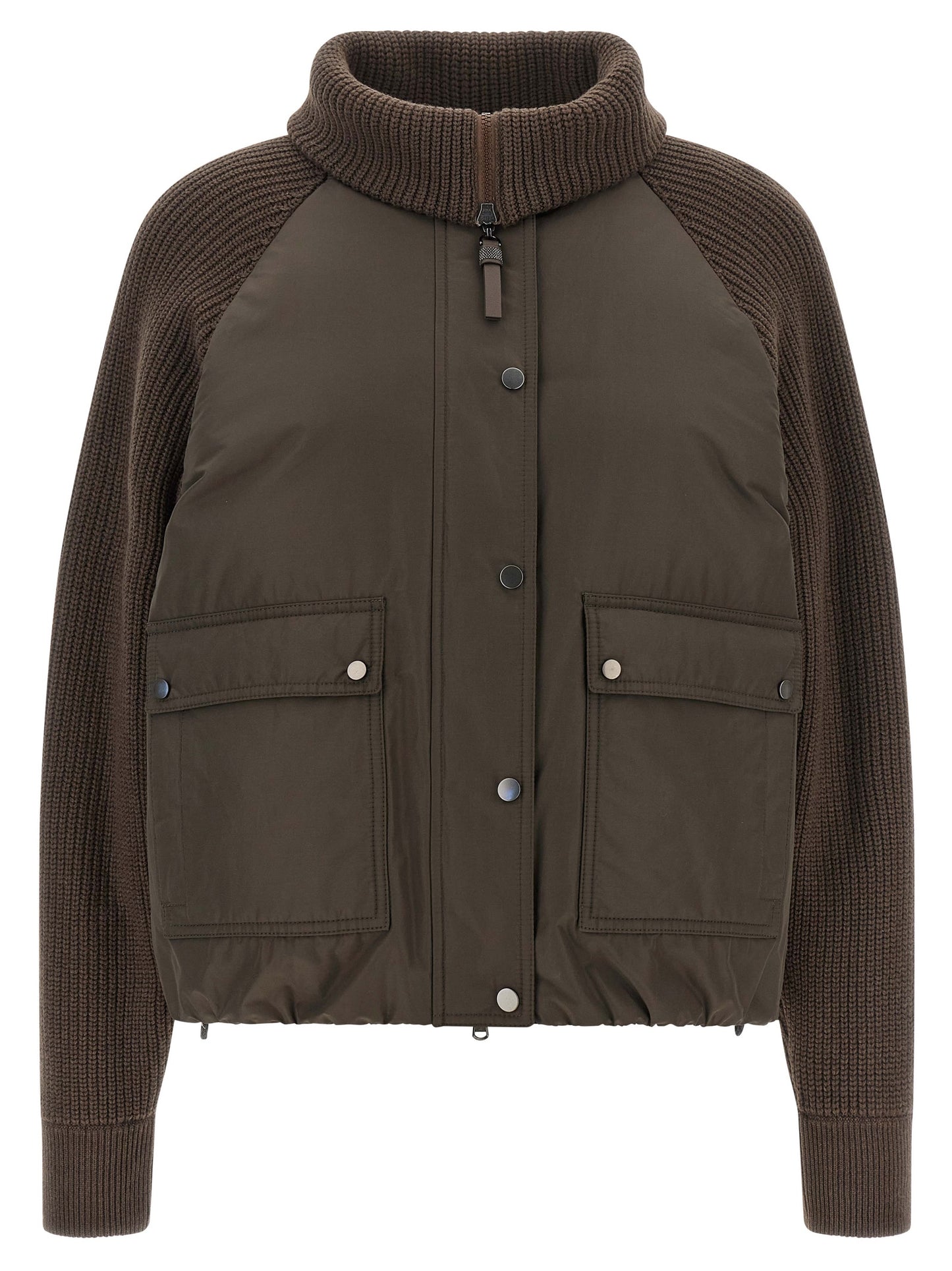 Puffer Jacket by Brunello Cucinelli for women in cotton brown showcases a bohemian silhouette, artfully detailed with a bohemian and signature pockets & insulated for a truly bohemian finish.