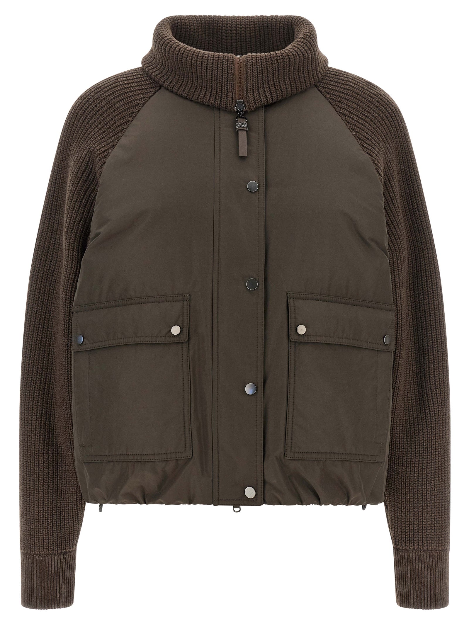 Puffer Jacket by Brunello Cucinelli for women in cotton brown showcases a bohemian silhouette, artfully detailed with a bohemian and signature pockets & insulated for a truly bohemian finish.