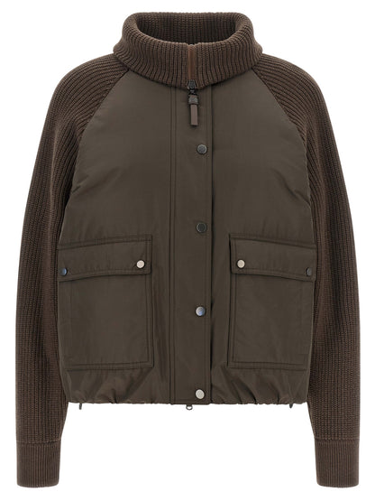 Puffer Jacket by Brunello Cucinelli for women in cotton brown showcases a bohemian silhouette, artfully detailed with a bohemian and signature pockets & insulated for a truly bohemian finish.