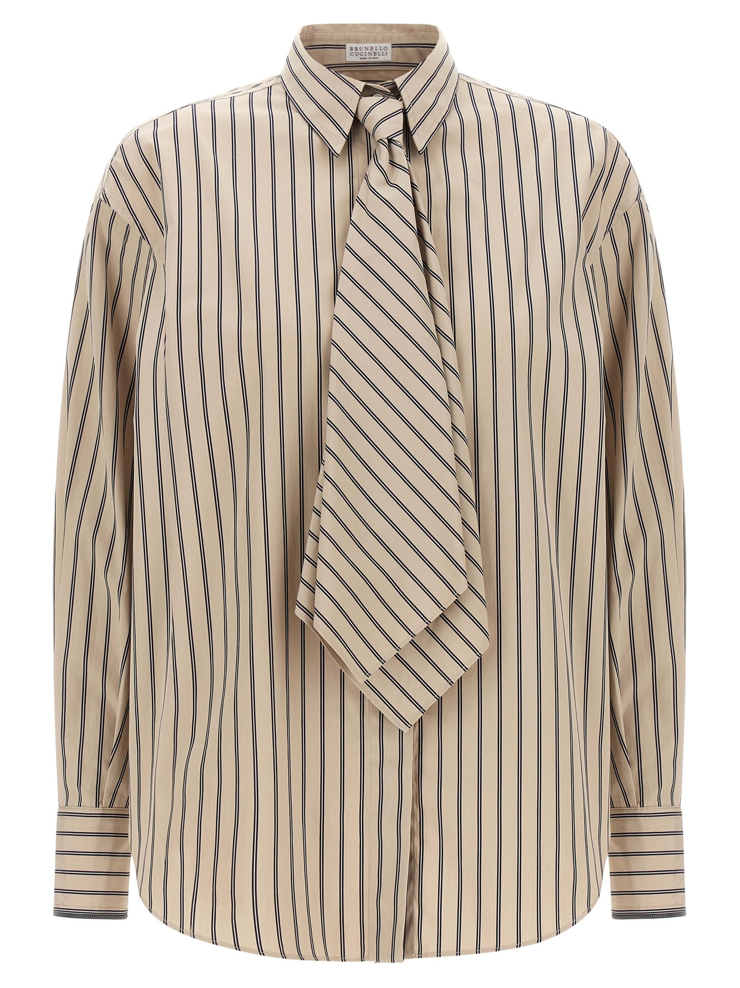 Blouse by Brunello Cucinelli for women in cotton beige, patterned & striped, featuring a nuanced long-sleeve and nuanced for a sophisticated finish.