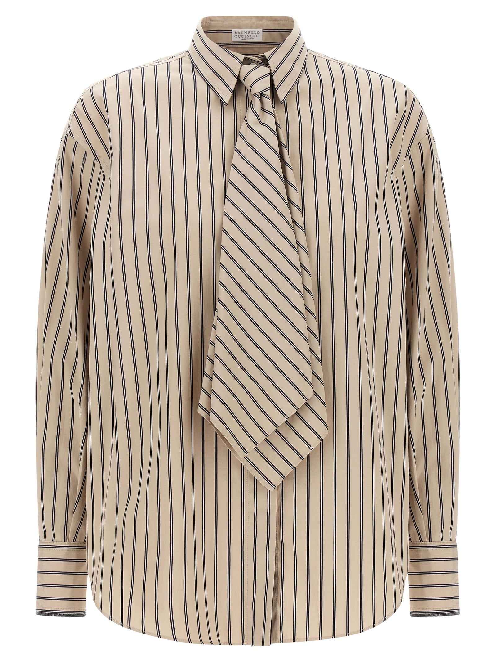 Blouse by Brunello Cucinelli for women in cotton beige, patterned & striped, featuring a nuanced long-sleeve and nuanced for a sophisticated finish.