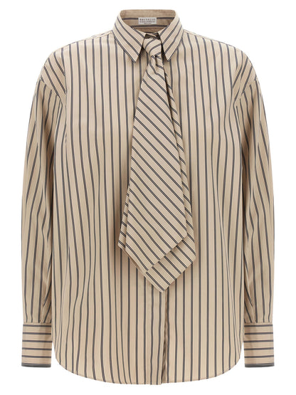 Blouse by Brunello Cucinelli for women in cotton beige, patterned & striped, featuring a nuanced long-sleeve and nuanced for a sophisticated finish.