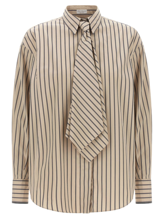 Blouse by Brunello Cucinelli for women in cotton beige, patterned & striped, featuring a nuanced long-sleeve and nuanced for a sophisticated finish.