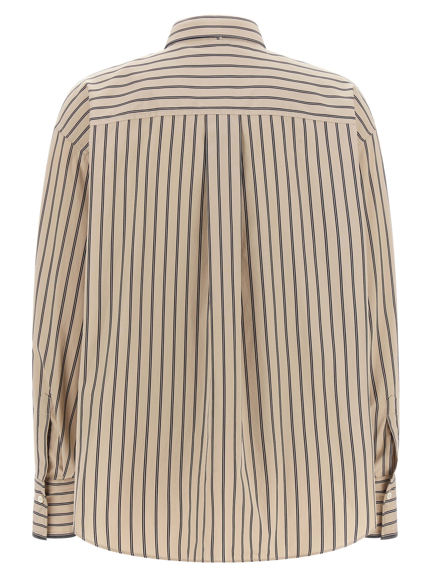 Blouse by Brunello Cucinelli for women in cotton beige, patterned & striped showcases a sharp silhouette, elegantly detailed with a sharp and sharp .