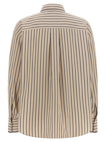 Blouse by Brunello Cucinelli for women in cotton beige, patterned & striped showcases a sharp silhouette, elegantly detailed with a sharp and sharp .