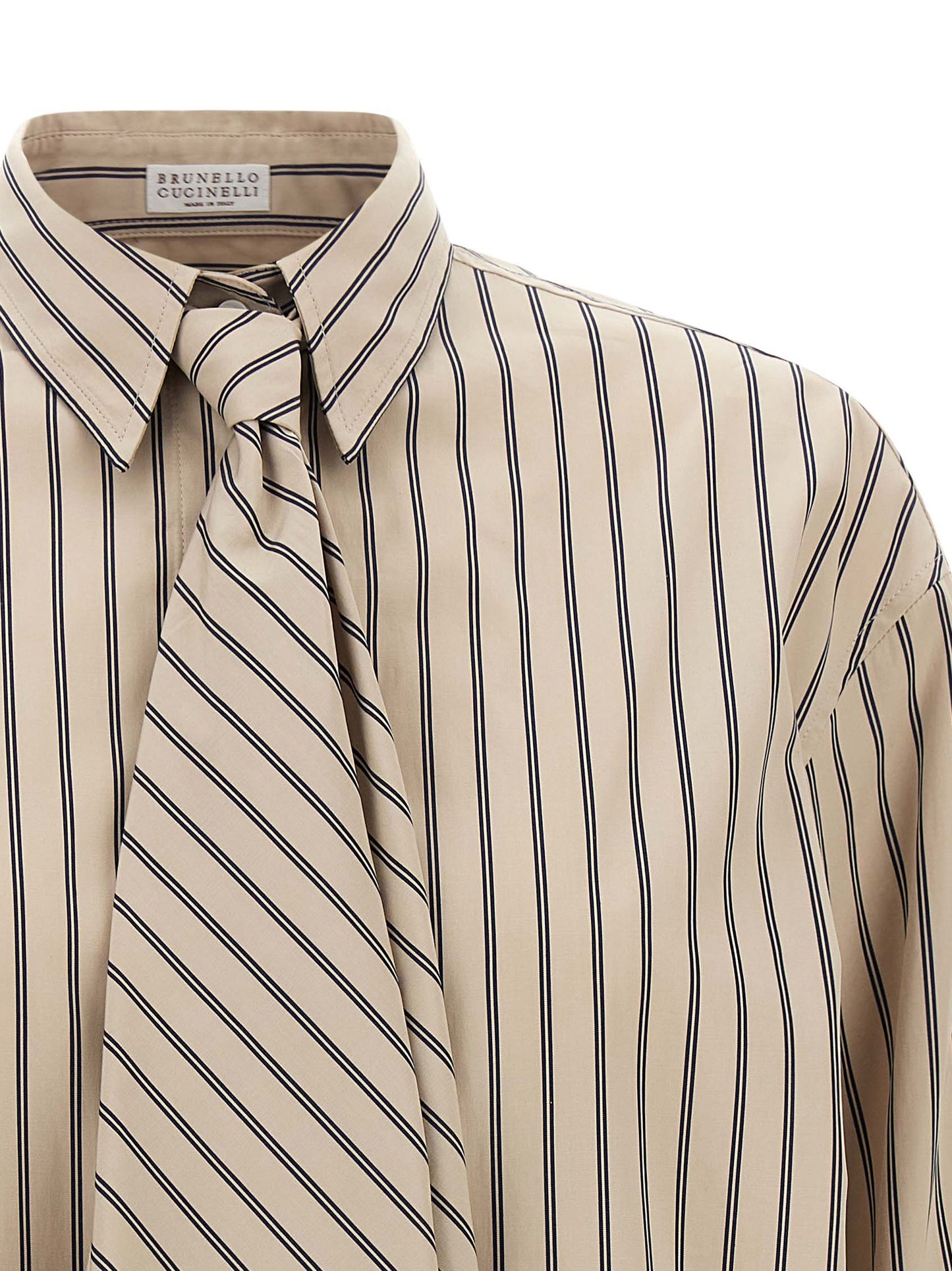 Blouse by Brunello Cucinelli for women in cotton beige, patterned & striped, featuring a nuanced and nuanced for a sophisticated finish.