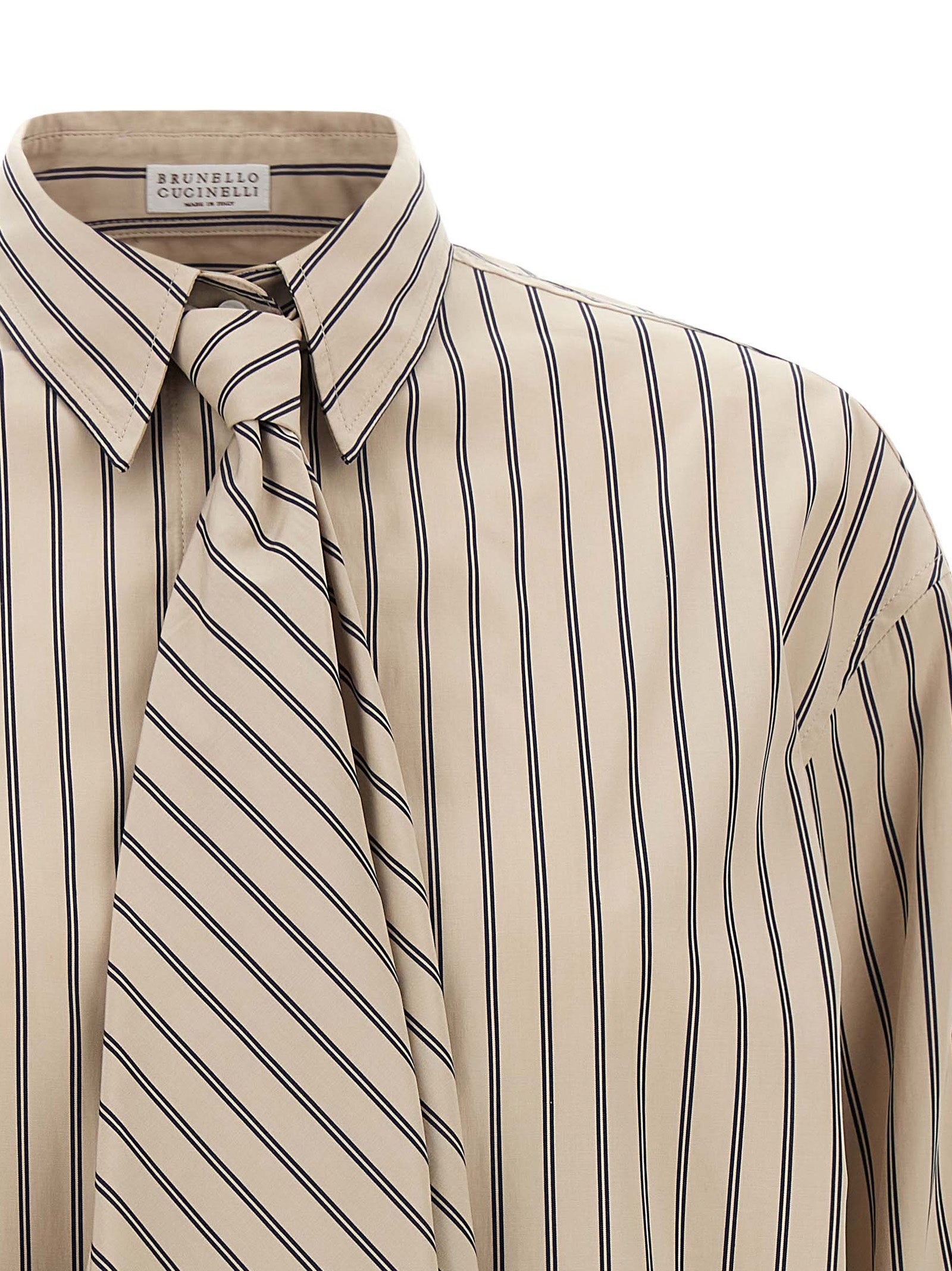 Blouse by Brunello Cucinelli for women in cotton beige, patterned & striped, featuring a nuanced and nuanced for a sophisticated finish.